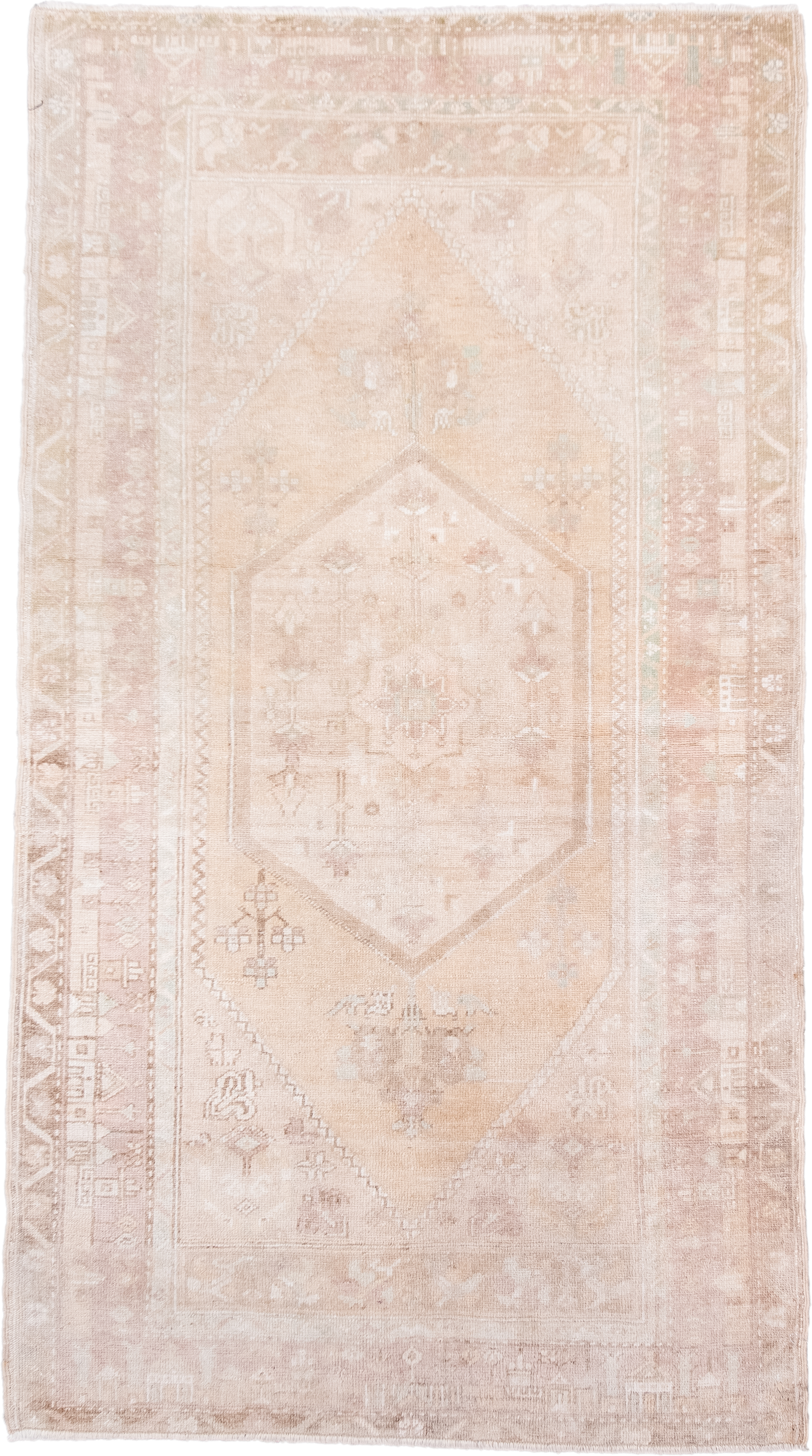 3' x 6' one-of-a-kind handmade antique Anatolian small size rug. Color palette: ivory, blush, sand, taupe, beige, camel