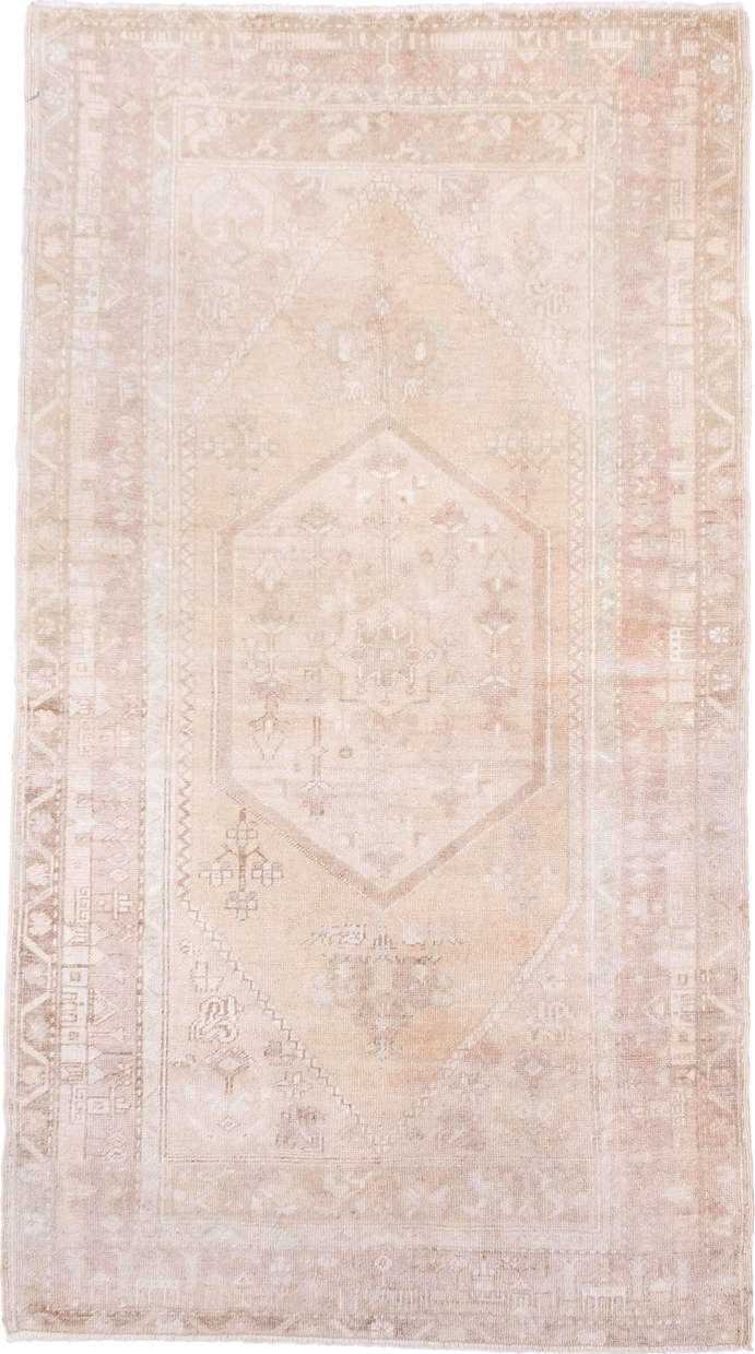 3' x 6' one-of-a-kind handmade antique Anatolian small size rug. Color palette: ivory, blush, sand, taupe, beige, camel