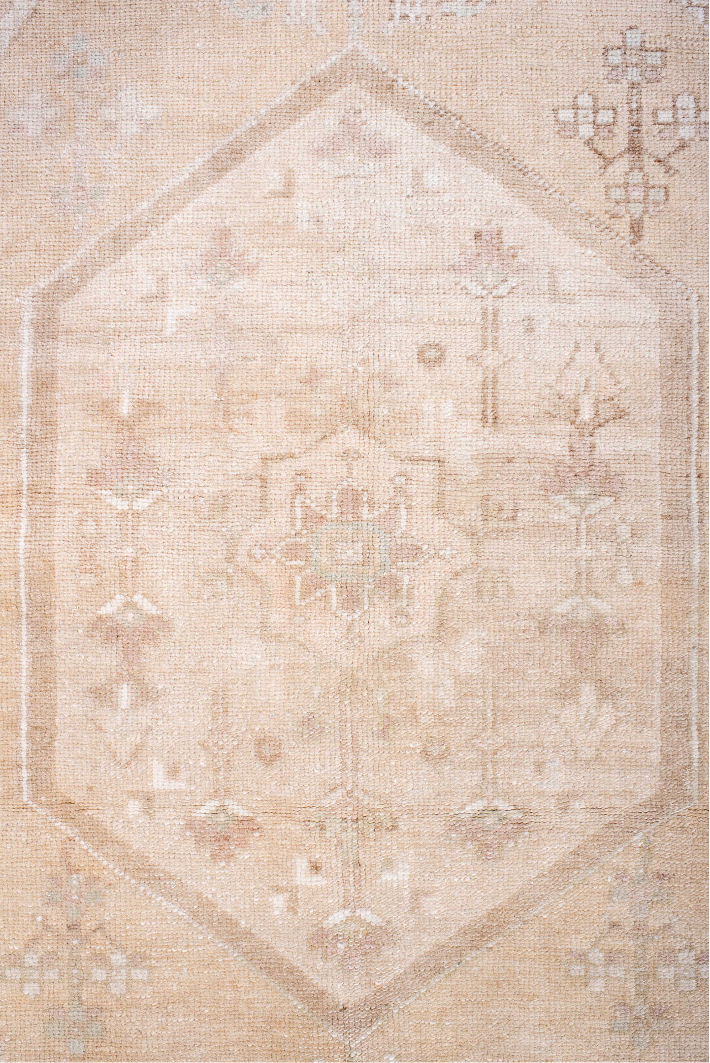 3' x 6' one-of-a-kind handmade antique Anatolian small size rug. Color palette: ivory, blush, sand, taupe, beige, camel