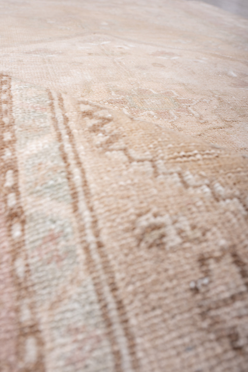 3' x 6' one-of-a-kind handmade vintage Anatol small size rug. Color palette: antiquewhite, brown, gray, light gray, linen