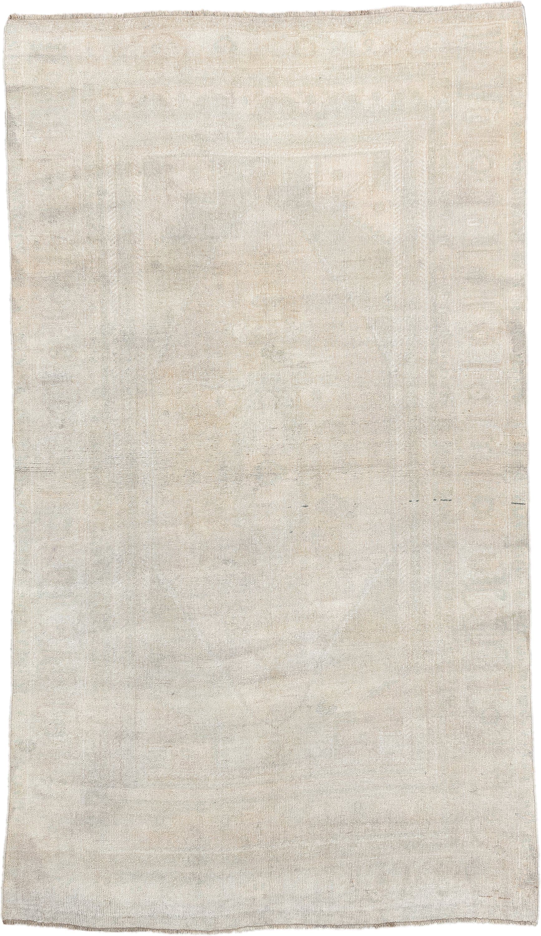 4' x 7' one-of-a-kind handmade antique Anatolian rug. Color palette: ivory, cream, taupe, pale sage, beige, gray, green