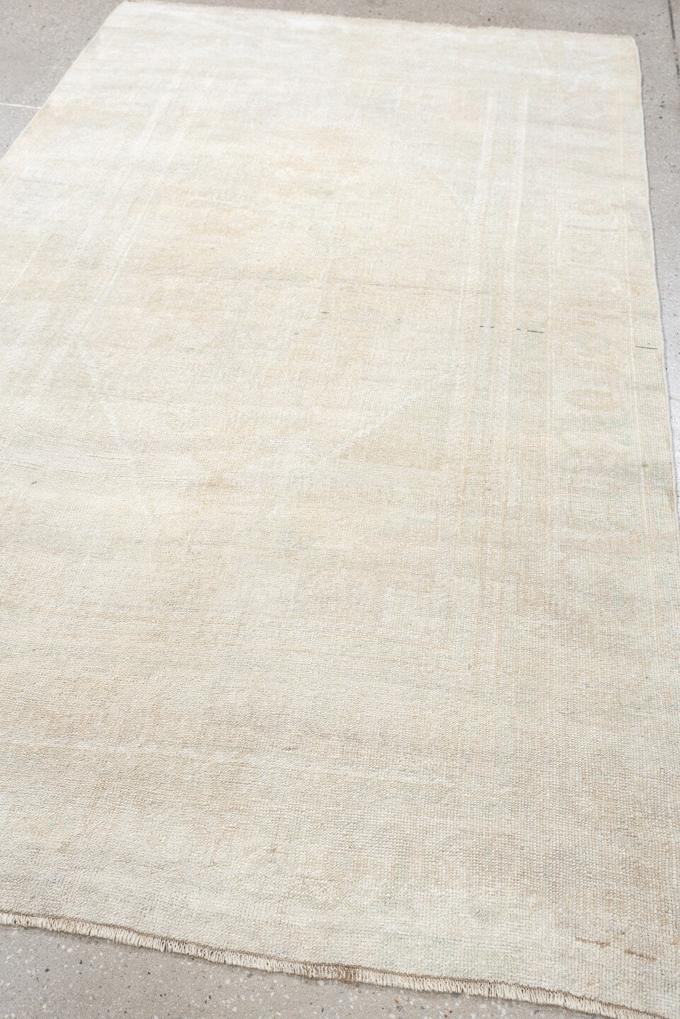 4' x 7' one-of-a-kind handmade antique Anatolian rug. Color palette: ivory, cream, taupe, pale sage, beige, gray, green