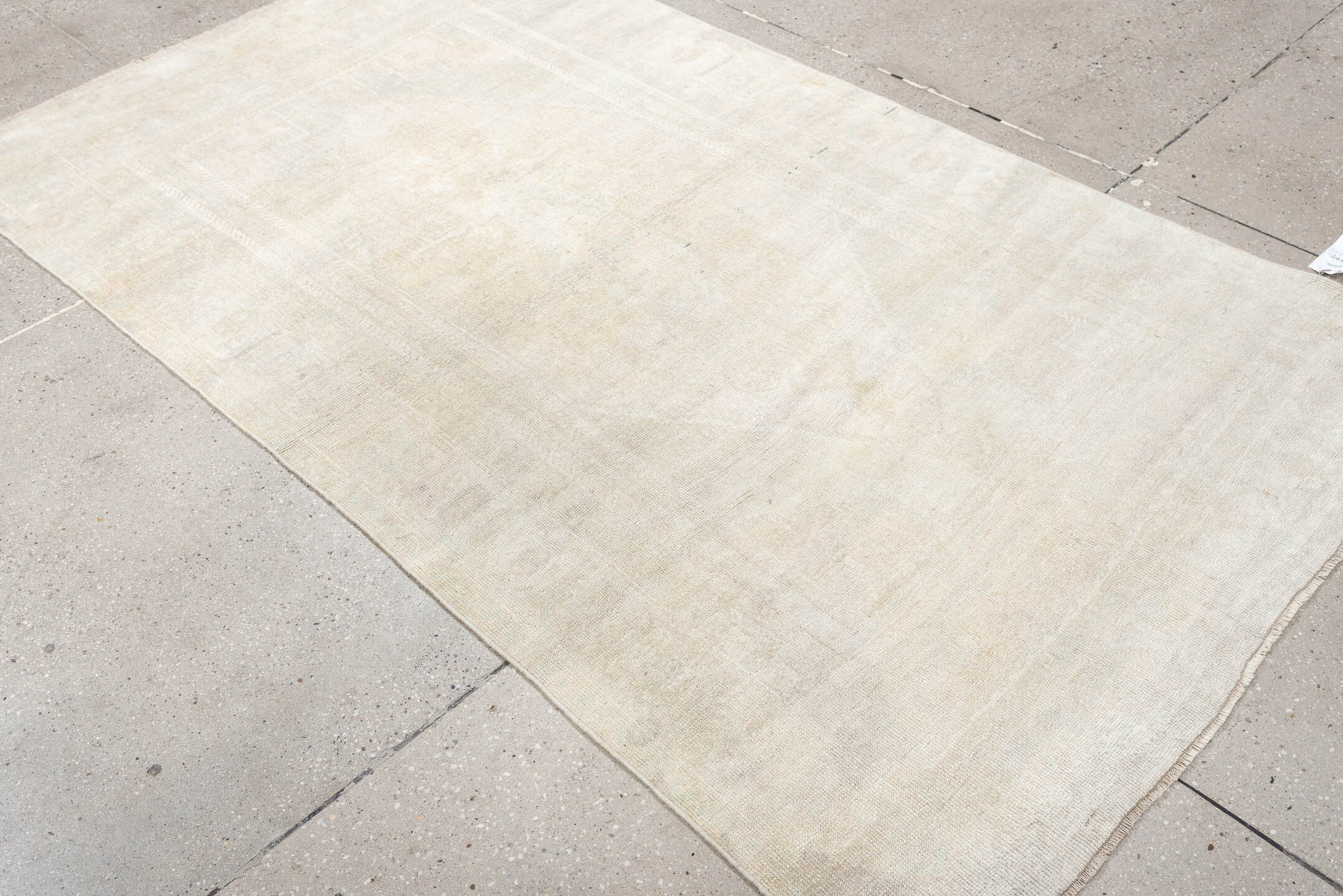 4' x 7' one-of-a-kind handmade antique Anatolian rug. Color palette: ivory, cream, taupe, pale sage, beige, gray, green
