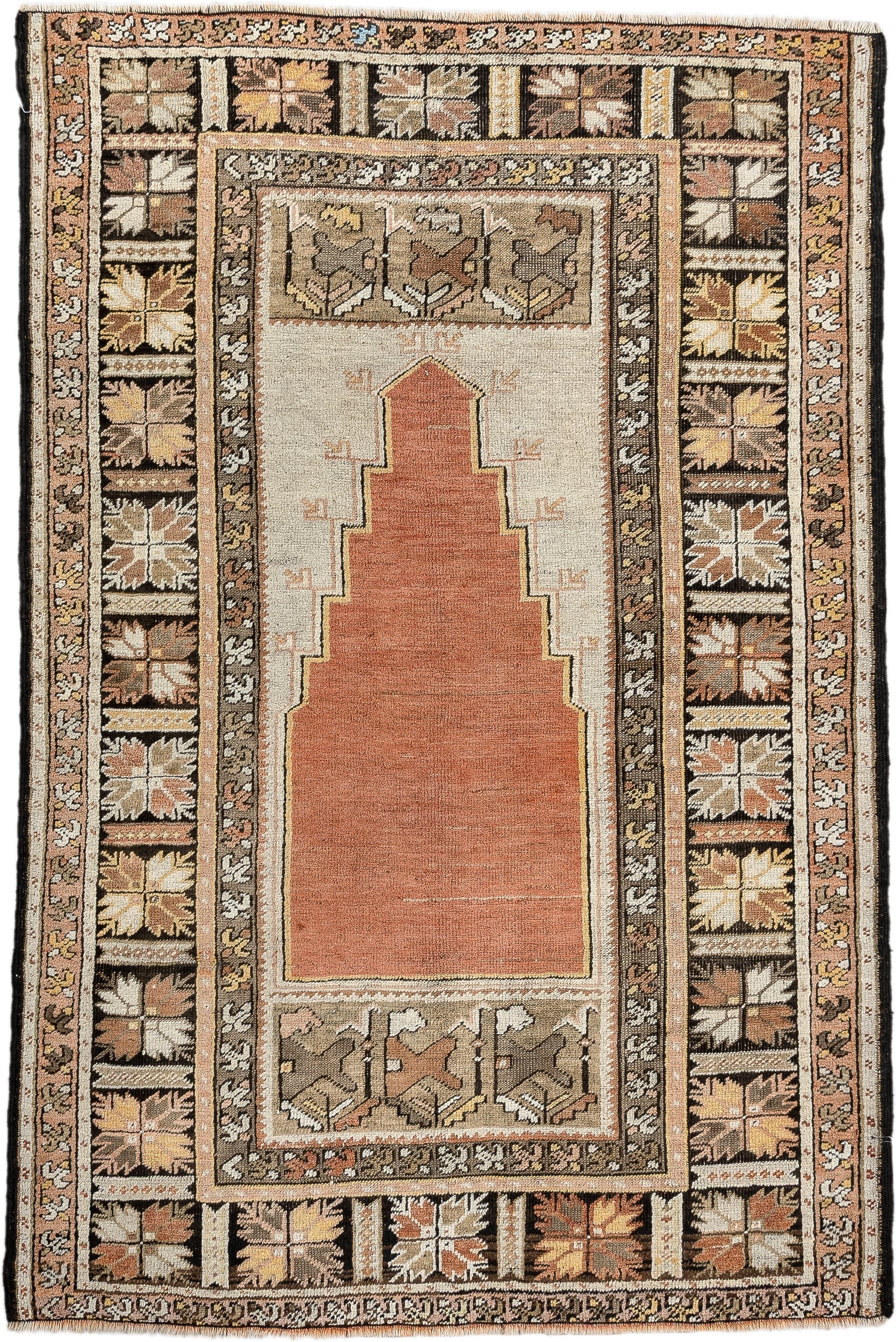 3' x 5' one-of-a-kind handmade antique Anatolian small size rug. Color palette: terracotta, ivory, taupe, brown, camel