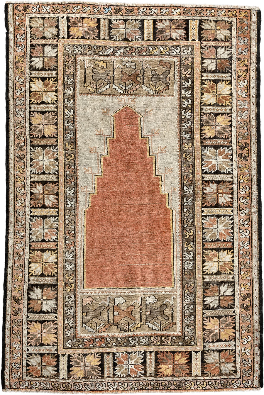 3' x 5' one-of-a-kind handmade antique Anatolian small size rug. Color palette: terracotta, ivory, taupe, brown, camel