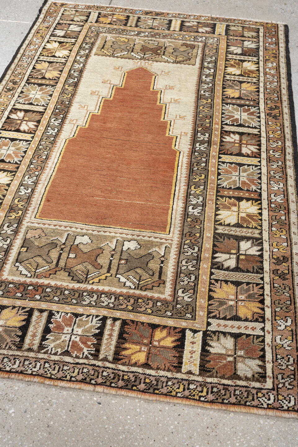 3' x 5' one-of-a-kind handmade antique Anatolian small size rug. Color palette: terracotta, ivory, taupe, brown, camel