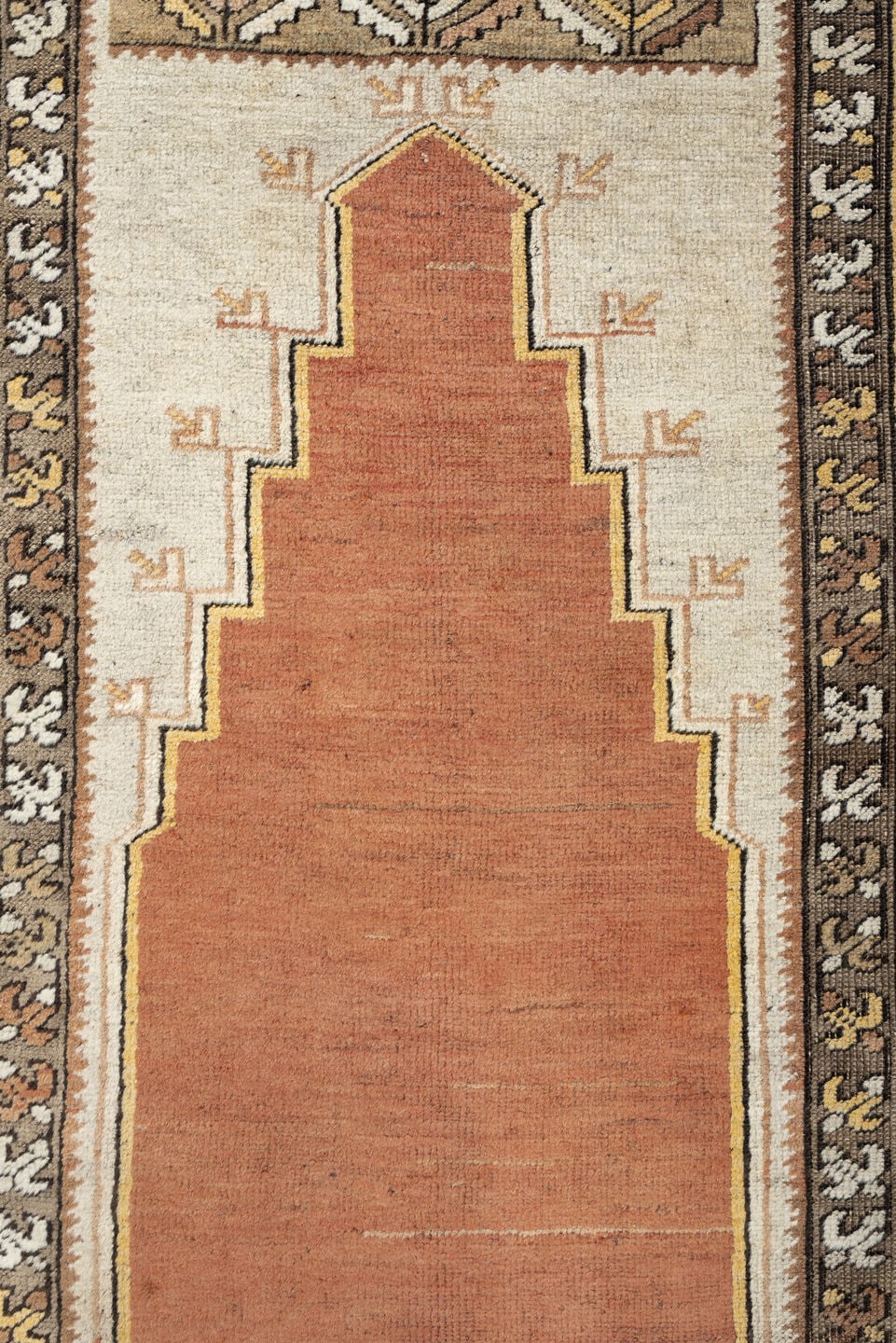 3' x 5' one-of-a-kind handmade antique Anatolian small size rug. Color palette: terracotta, ivory, taupe, brown, camel