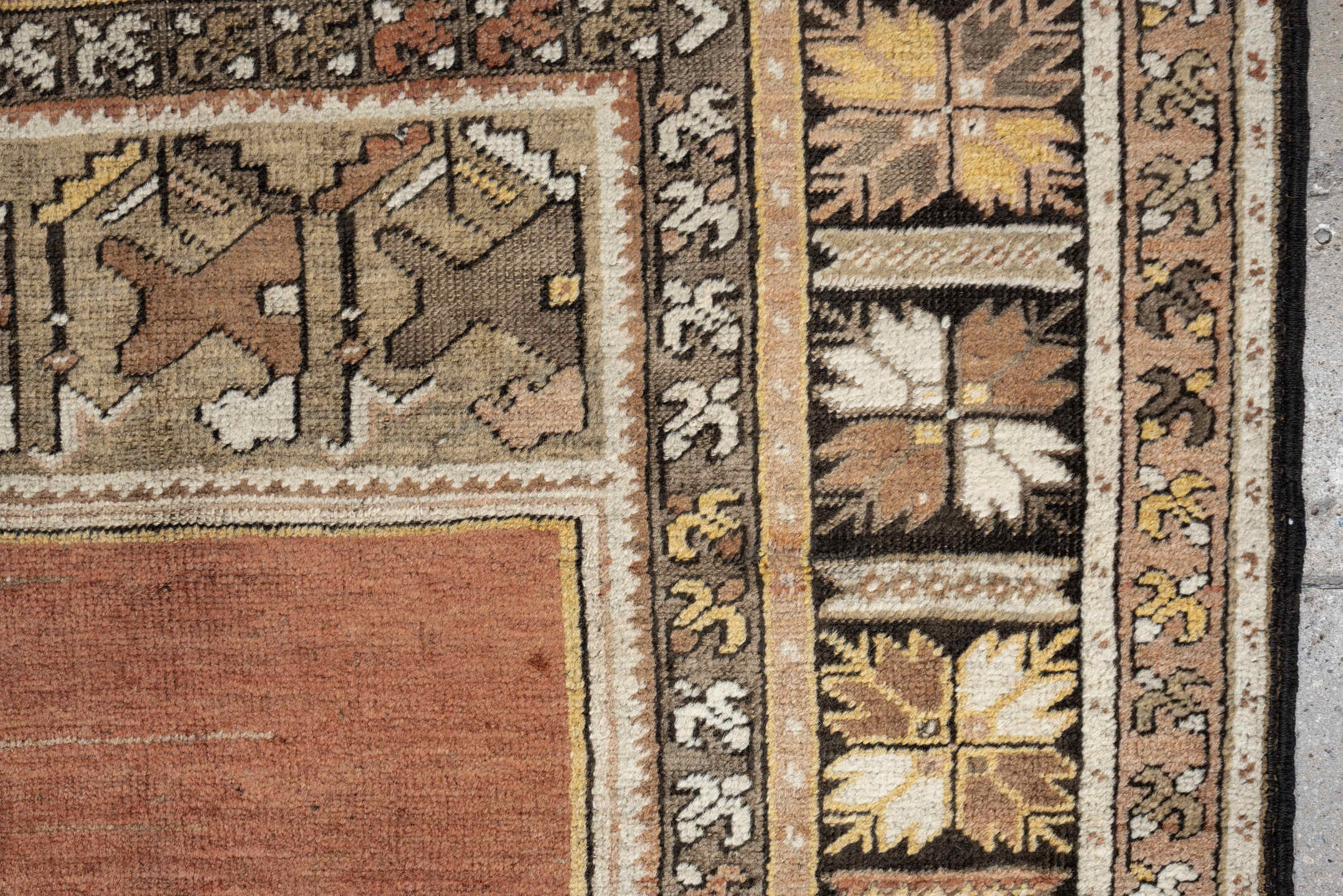 3' x 5' one-of-a-kind handmade antique Anatolian small size rug. Color palette: terracotta, ivory, taupe, brown, camel