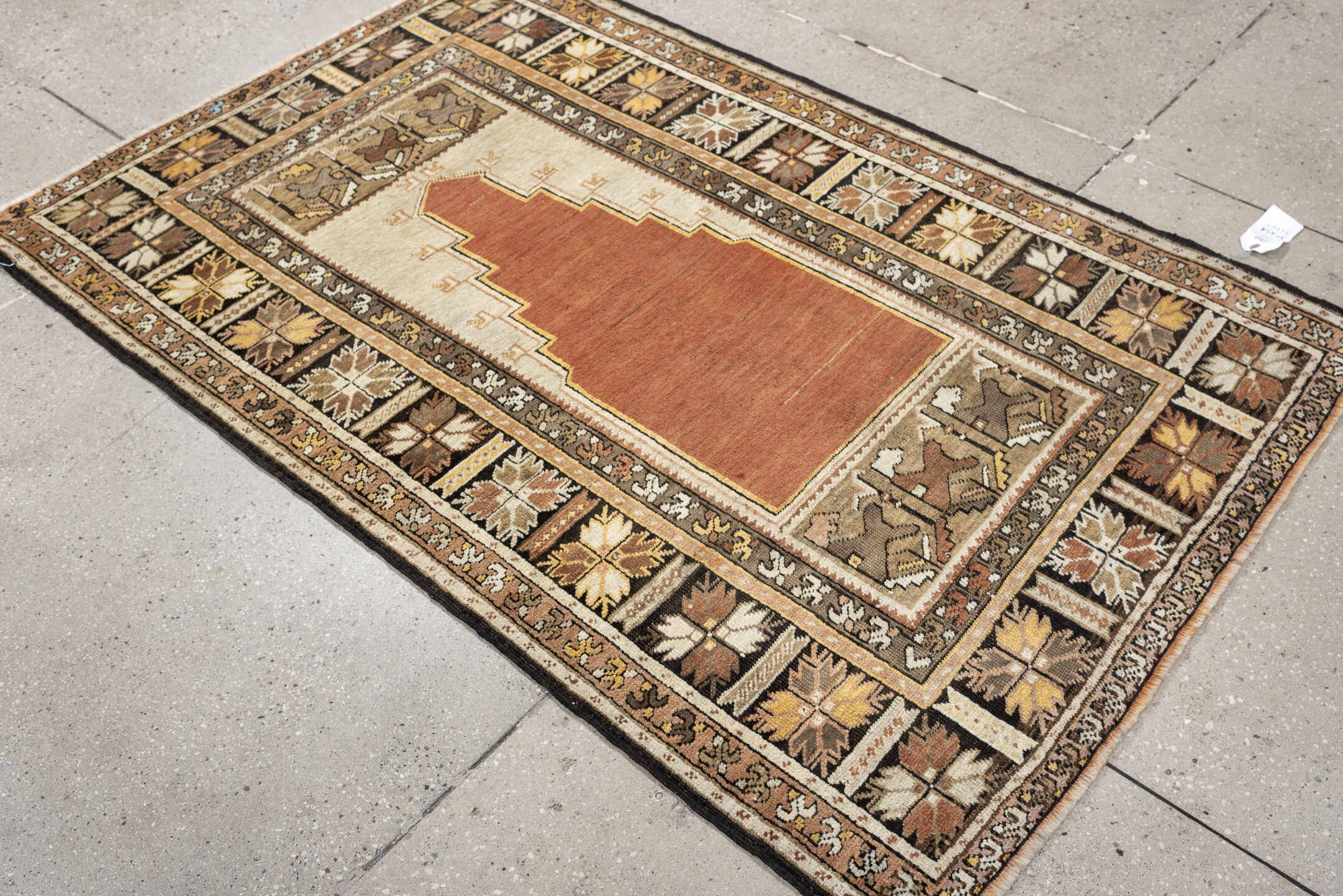 3' x 5' one-of-a-kind handmade antique Anatolian small size rug. Color palette: terracotta, ivory, taupe, brown, camel