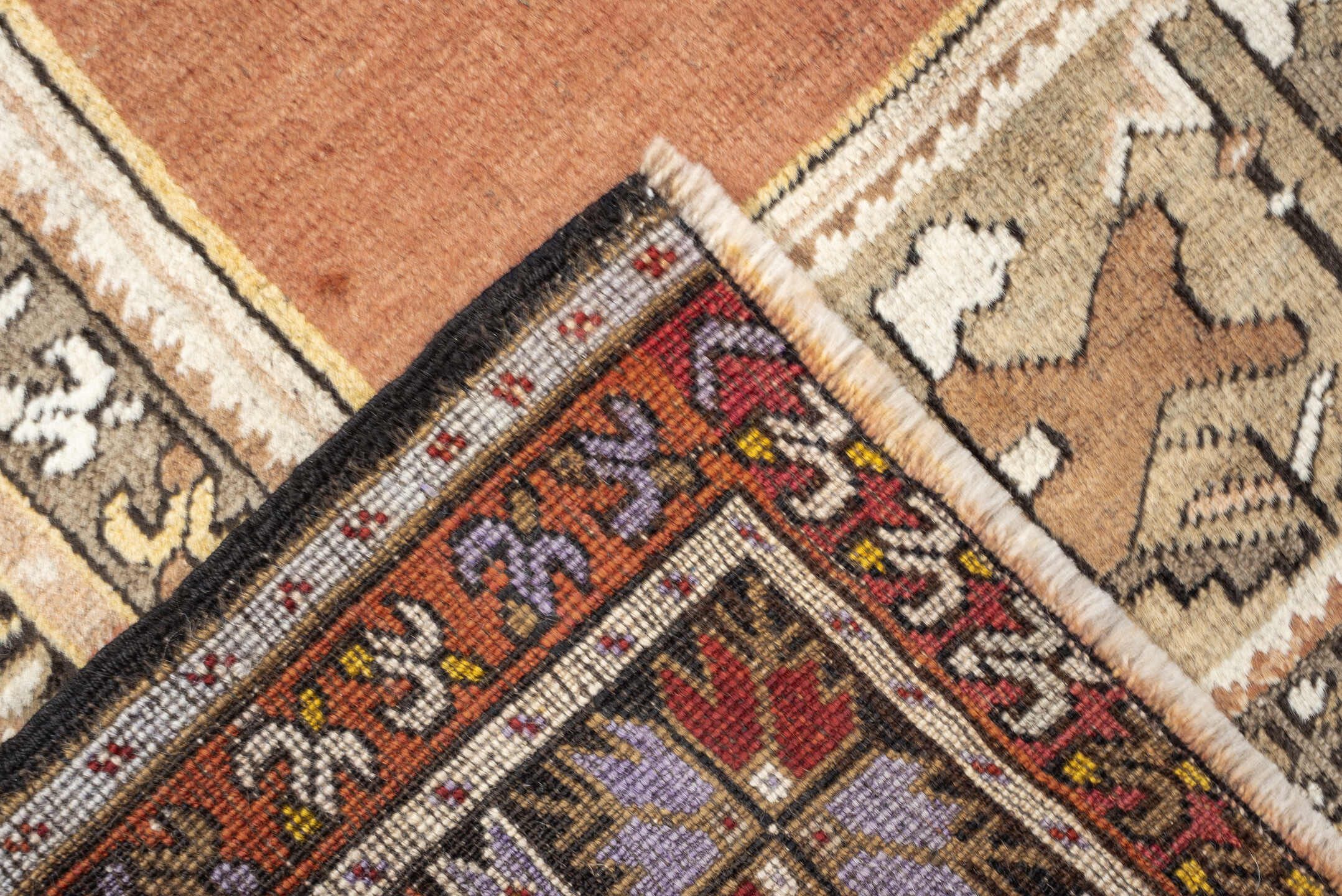3' x 5' one-of-a-kind handmade antique Anatolian small size rug. Color palette: terracotta, ivory, taupe, brown, camel