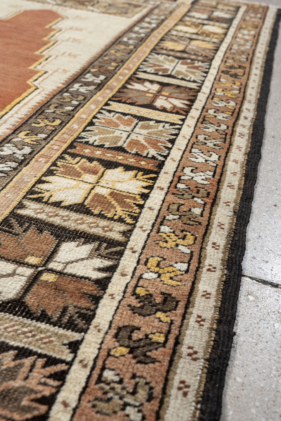 3' x 5' one-of-a-kind handmade antique Anatolian small size rug. Color palette: terracotta, ivory, taupe, brown, camel