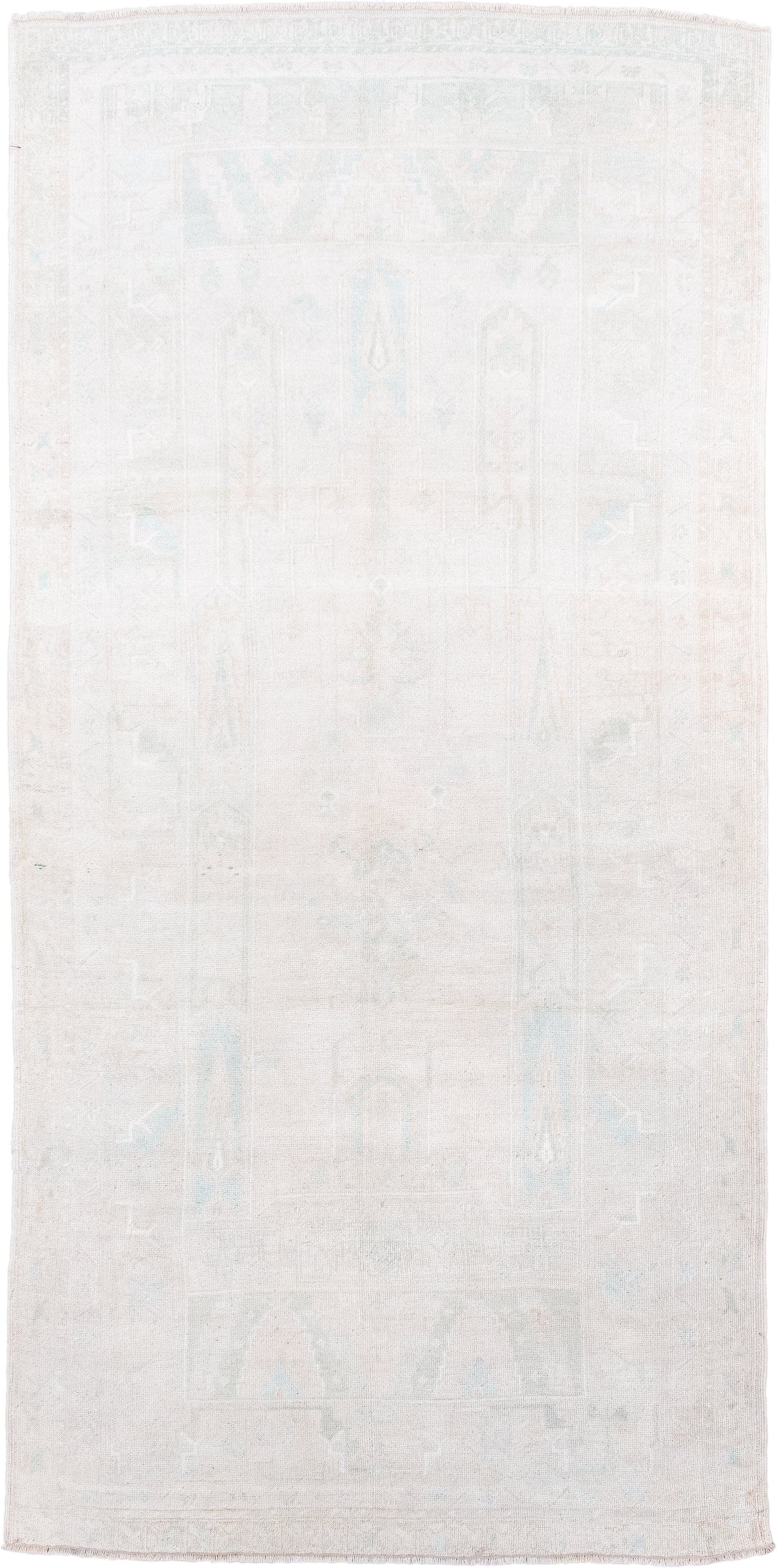 4' x 8' one-of-a-kind handmade antique Anatolian runner rug. Color palette: ivory, cream, pale blue, beige, taupe