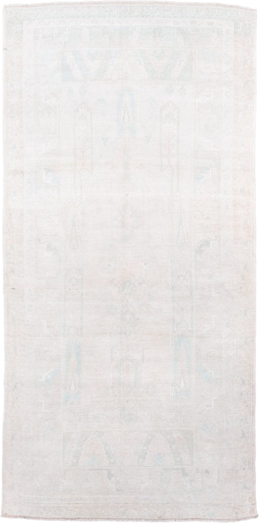 4' x 8' one-of-a-kind handmade antique Anatolian runner rug. Color palette: ivory, cream, pale blue, beige, taupe