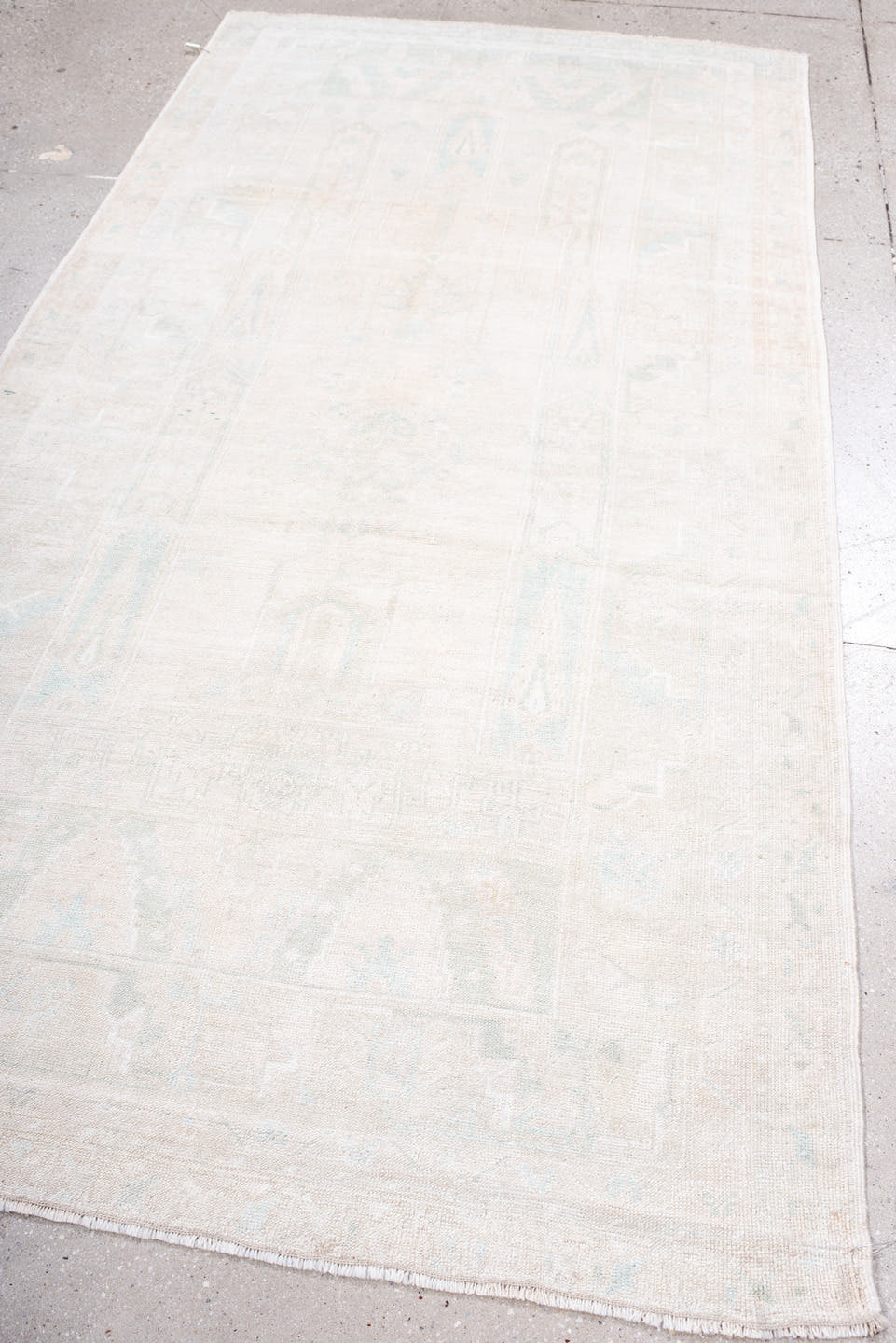 4' x 8' one-of-a-kind handmade antique Anatolian runner rug. Color palette: ivory, cream, pale blue, beige, taupe