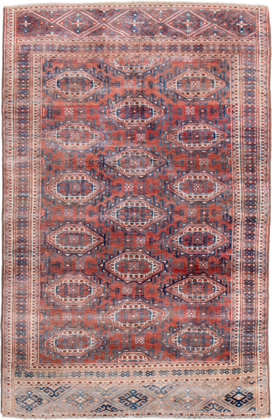 3' x 5' one-of-a-kind handmade antique Bokara small size rug. Color palette: terra cotta, indigo, ivory, rust, slate, cream