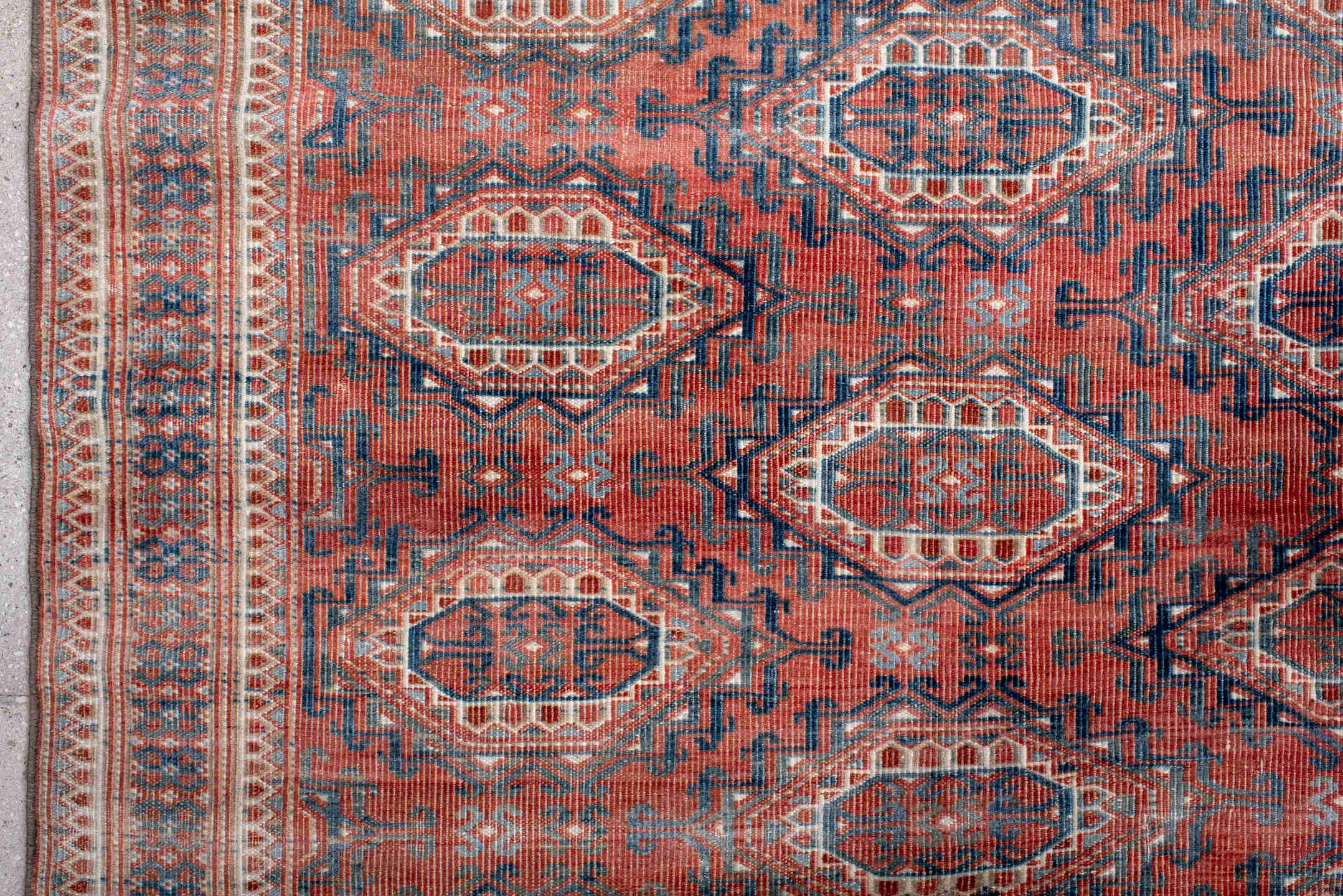 3' x 5' one-of-a-kind handmade antique Bokara small size rug. Color palette: terra cotta, indigo, ivory, rust, slate, cream