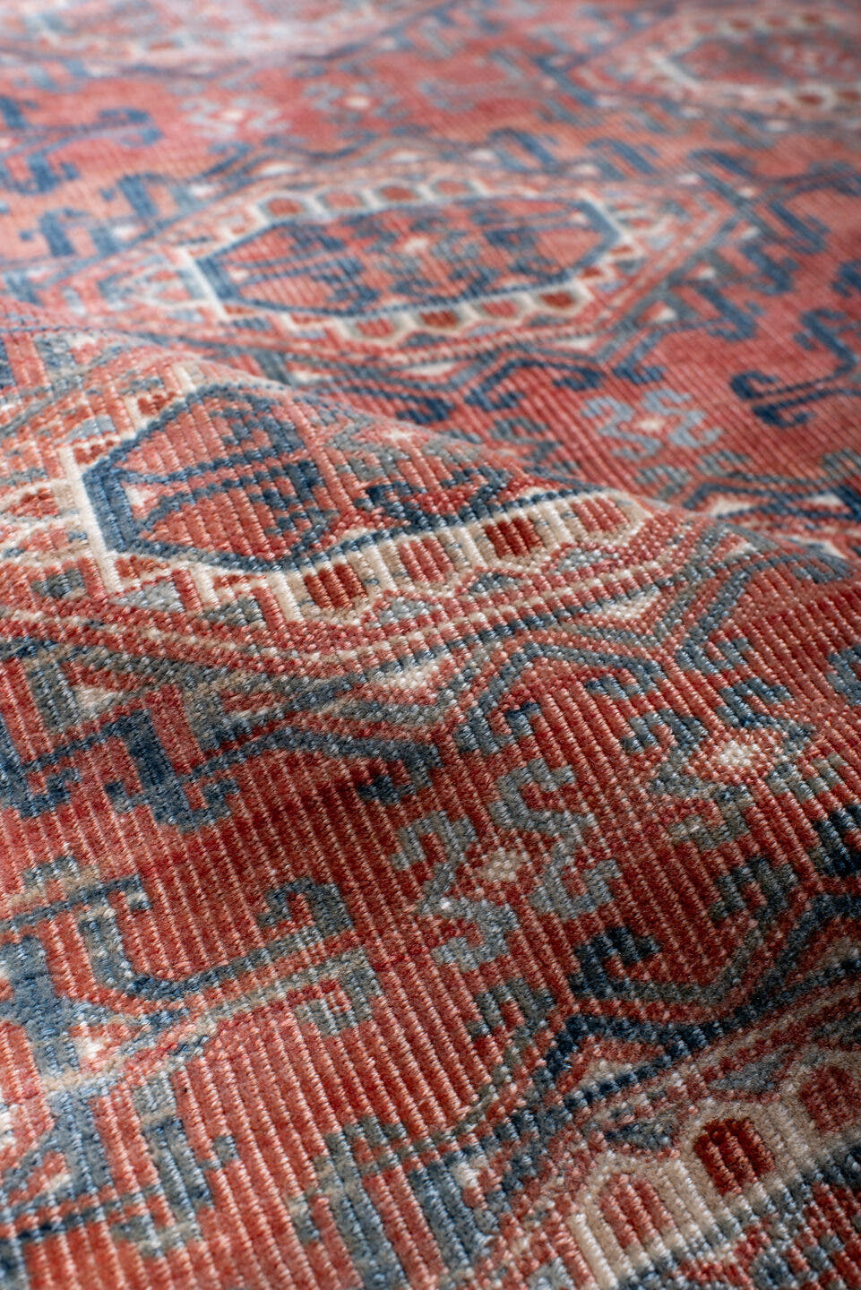 3' x 5' one-of-a-kind handmade antique Bokara small size rug. Color palette: terra cotta, indigo, ivory, rust, slate, cream