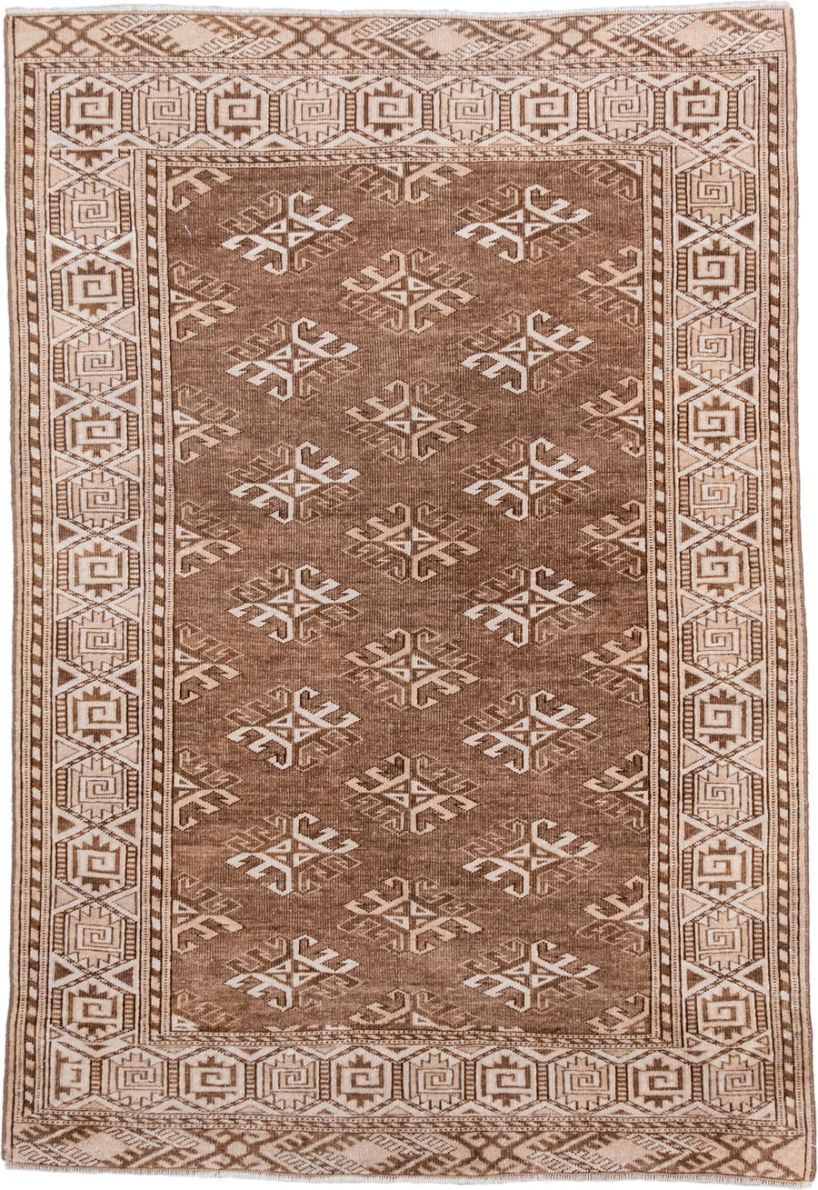 3' x 5' one-of-a-kind handmade antique Bokara small size rug. Color palette: camel, ivory, taupe, brown, beige, gray