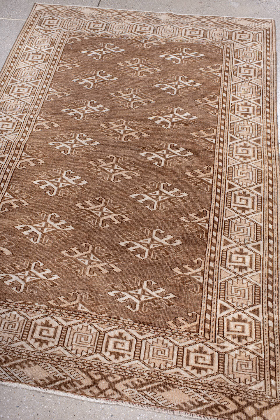 3' x 5' one-of-a-kind handmade antique Bokara small size rug. Color palette: camel, ivory, taupe, brown, beige, gray