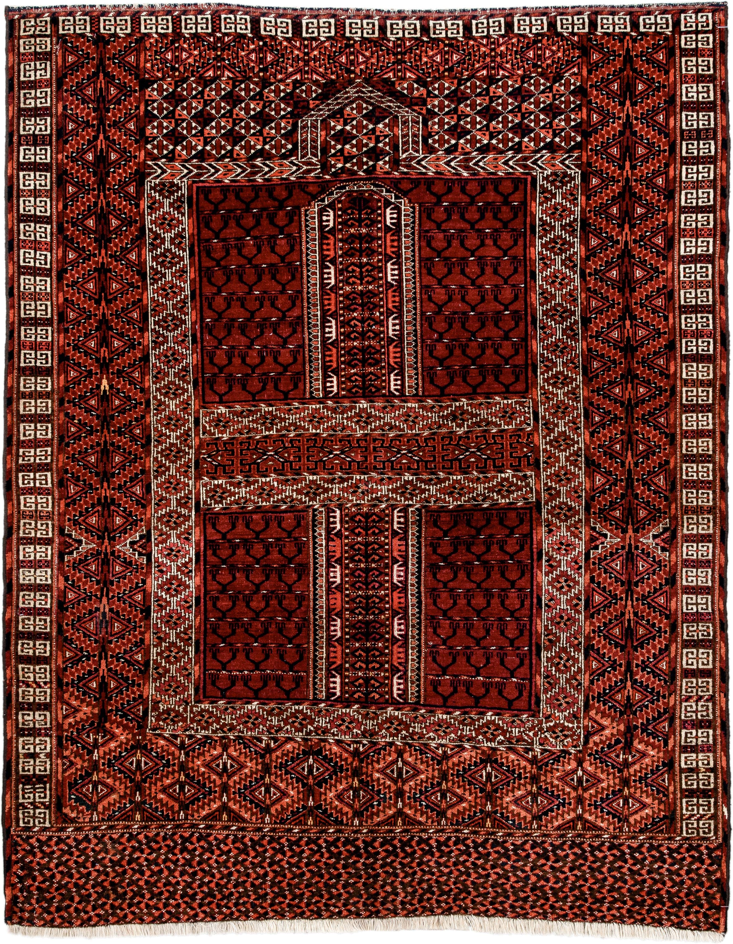 4' x 5' one-of-a-kind handmade antique Torkaman small size rug. Color palette: rust, crimson, ivory, black, terra cotta