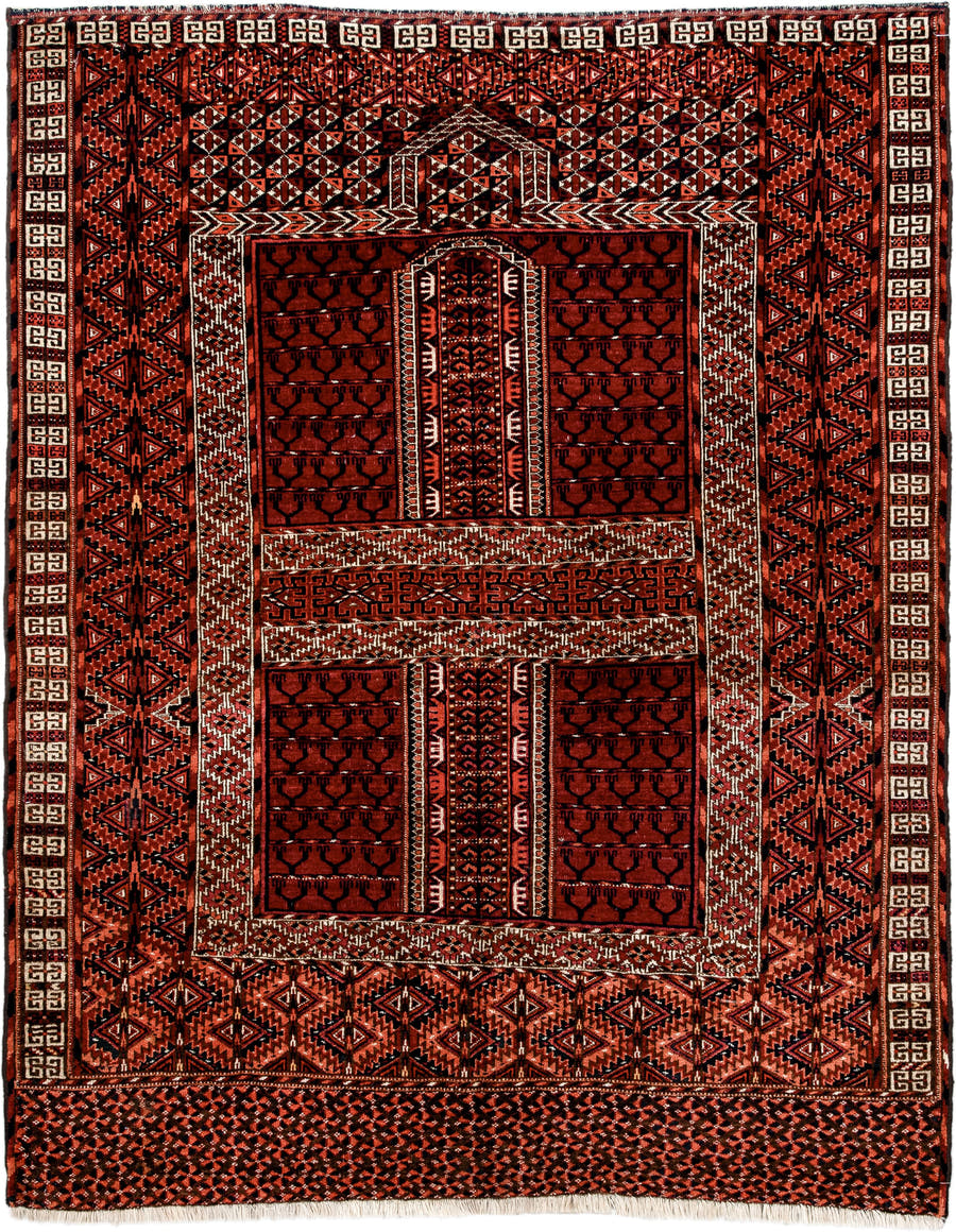 4' x 5' one-of-a-kind handmade antique Torkaman small size rug. Color palette: rust, crimson, ivory, black, terra cotta