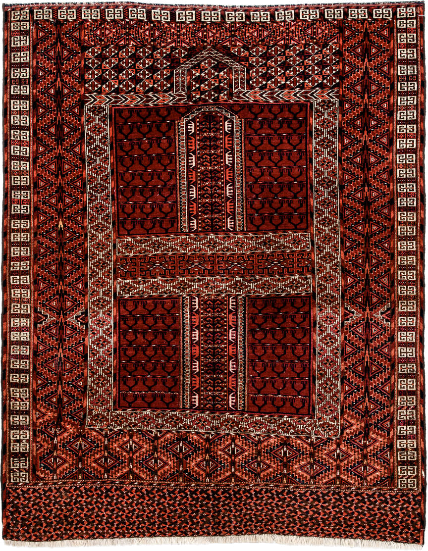 4' x 5' one-of-a-kind handmade antique Torkaman small size rug. Color palette: rust, crimson, ivory, black, terra cotta