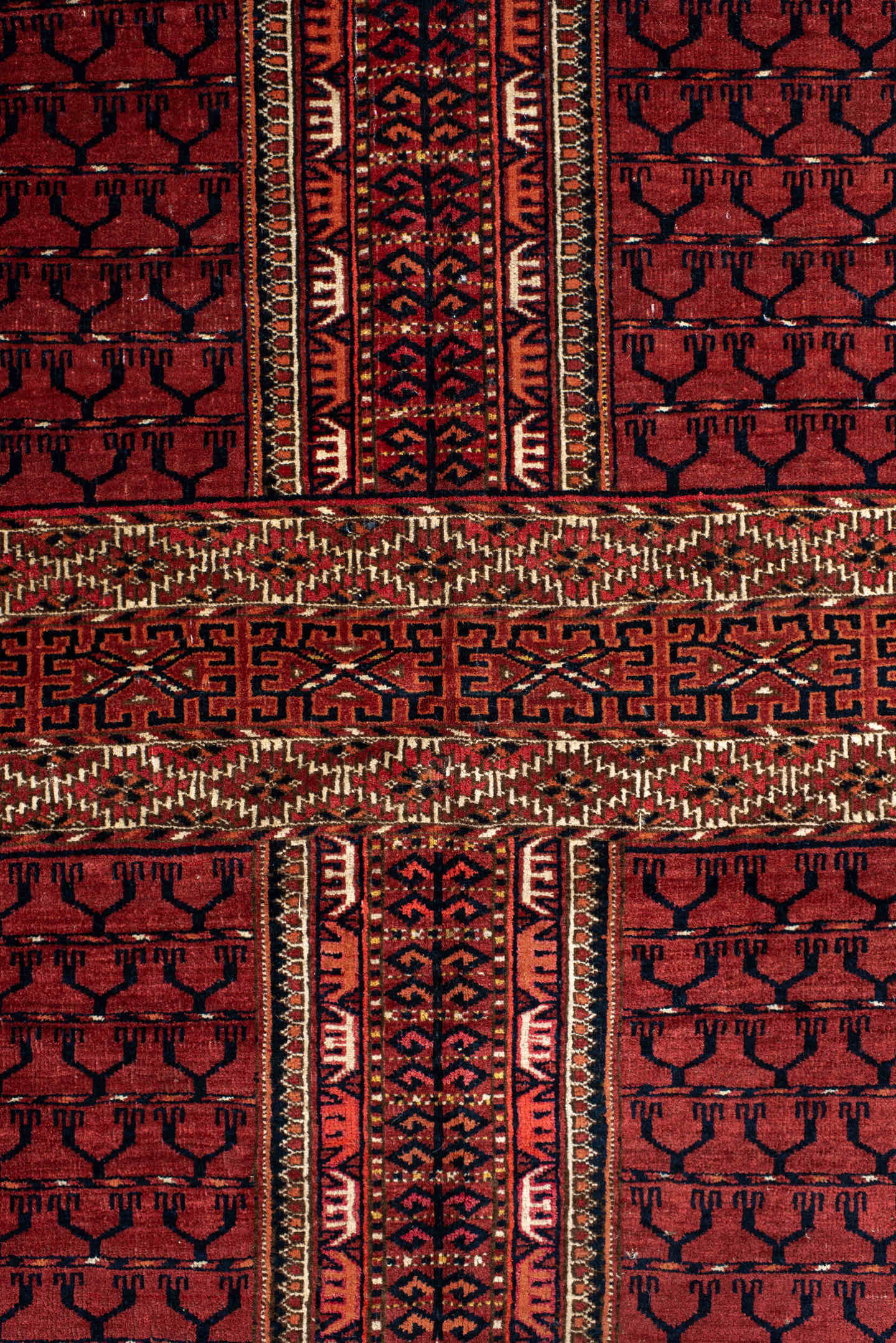 4' x 5' one-of-a-kind handmade antique Torkaman small size rug. Color palette: rust, crimson, ivory, black, terra cotta