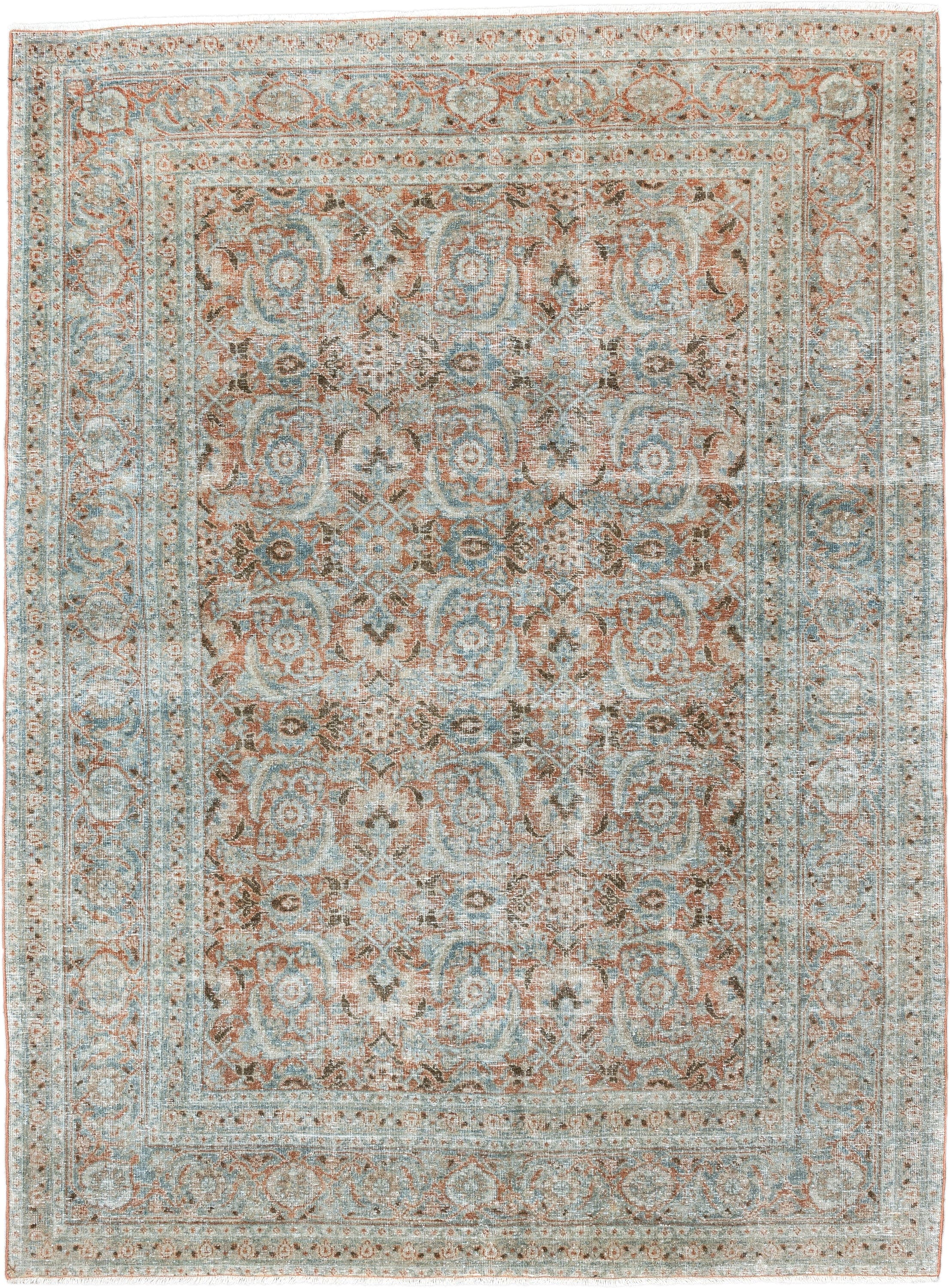 4' x 6' one-of-a-kind handmade antique Tabriz small size rug. Color palette: aqua, ivory, rust, taupe, camel, brown, teal