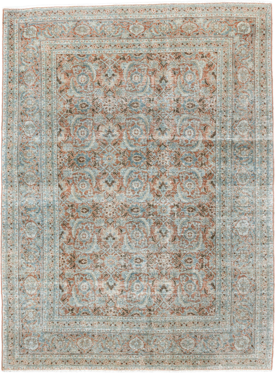 4' x 6' one-of-a-kind handmade antique Tabriz small size rug. Color palette: aqua, ivory, rust, taupe, camel, brown, teal