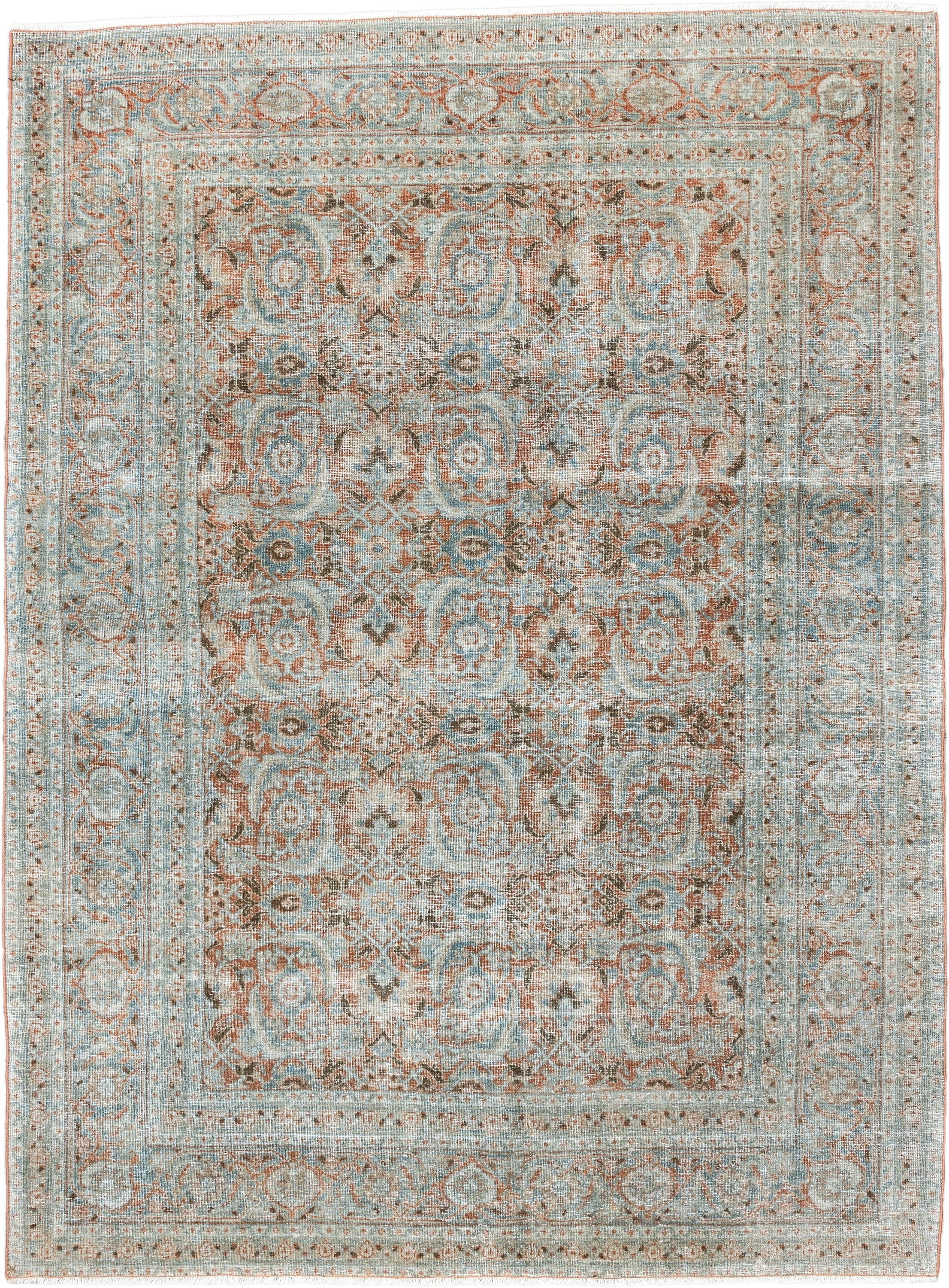4' x 6' one-of-a-kind handmade antique Tabriz small size rug. Color palette: aqua, ivory, rust, taupe, camel, brown, teal