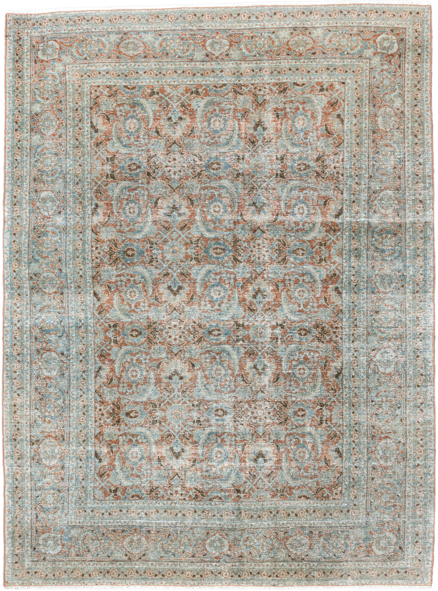 4' x 6' one-of-a-kind handmade antique Tabriz small size rug. Color palette: aqua, ivory, rust, taupe, camel, brown, teal