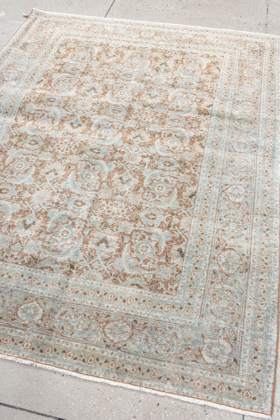 4' x 6' one-of-a-kind handmade antique Tabriz small size rug. Color palette: aqua, ivory, rust, taupe, camel, brown, teal