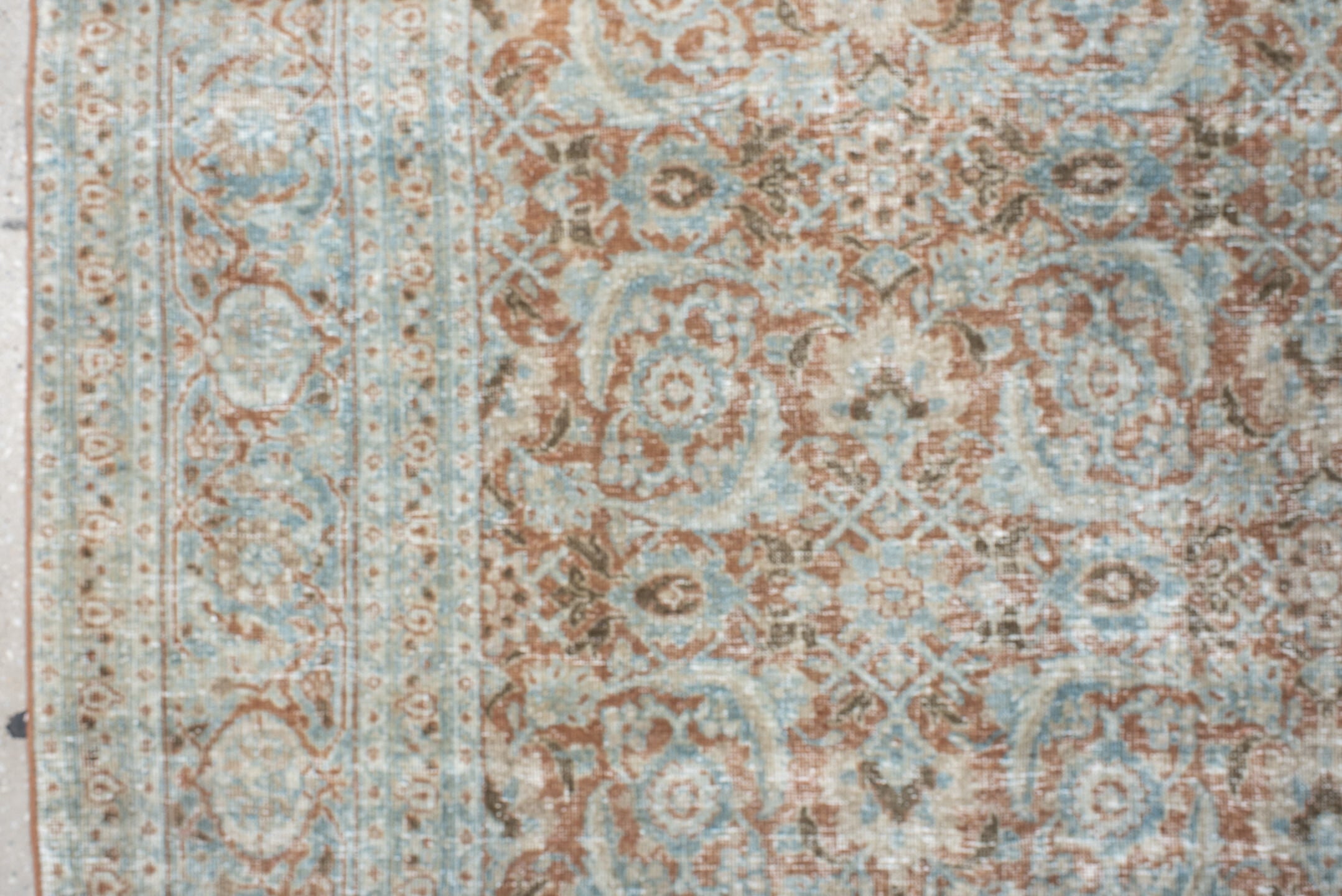4' x 6' one-of-a-kind handmade antique Tabriz small size rug. Color palette: aqua, ivory, rust, taupe, camel, brown, teal