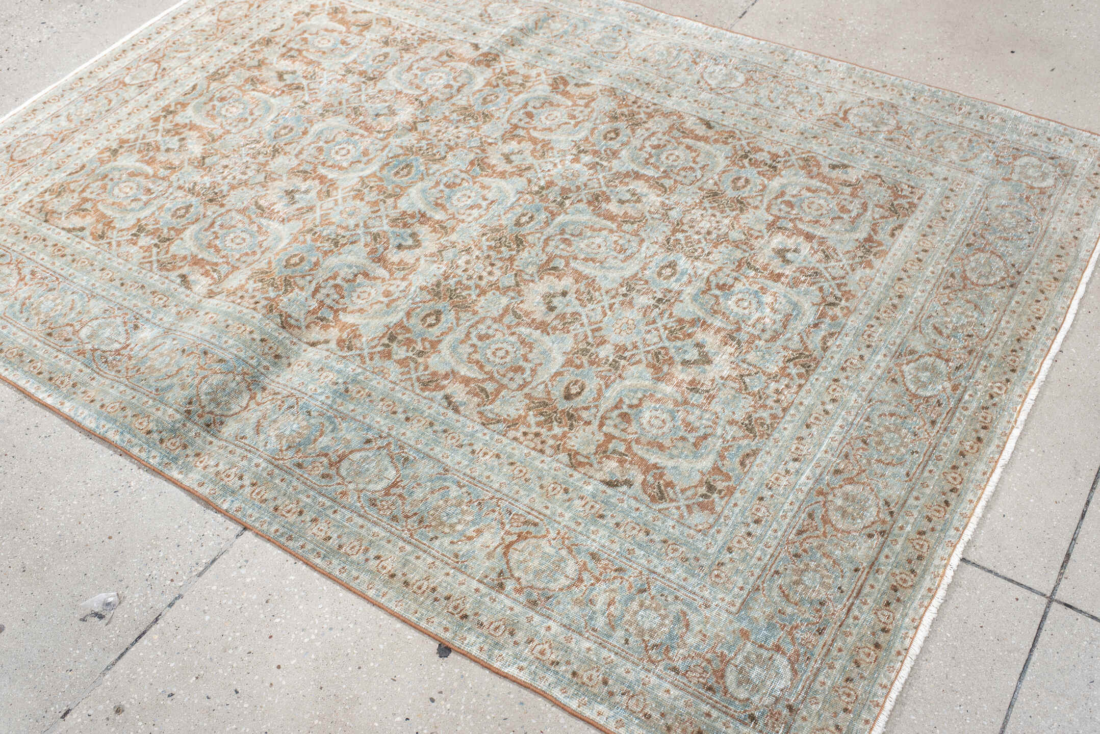 4' x 6' one-of-a-kind handmade antique Tabriz small size rug. Color palette: aqua, ivory, rust, taupe, camel, brown, teal