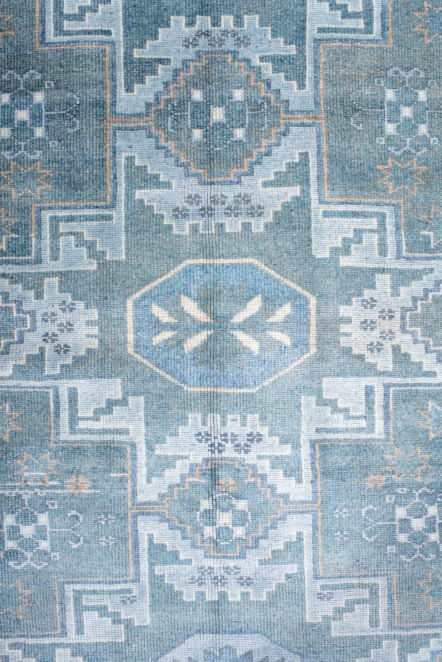 3' x 6' one-of-a-kind handmade antique Anatolian small size rug. Color palette: sky blue, powder blue, ivory, pale blue
