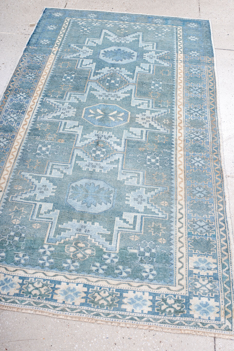 3' x 6' one-of-a-kind handmade antique Anatolian small size rug. Color palette: sky blue, powder blue, ivory, pale blue