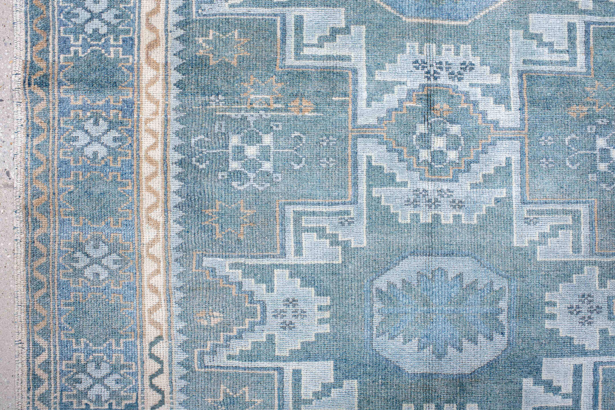 3' x 6' one-of-a-kind handmade vintage Anatol small size rug. Color palette: blue, gainsboro, gray, light blue, light gray
