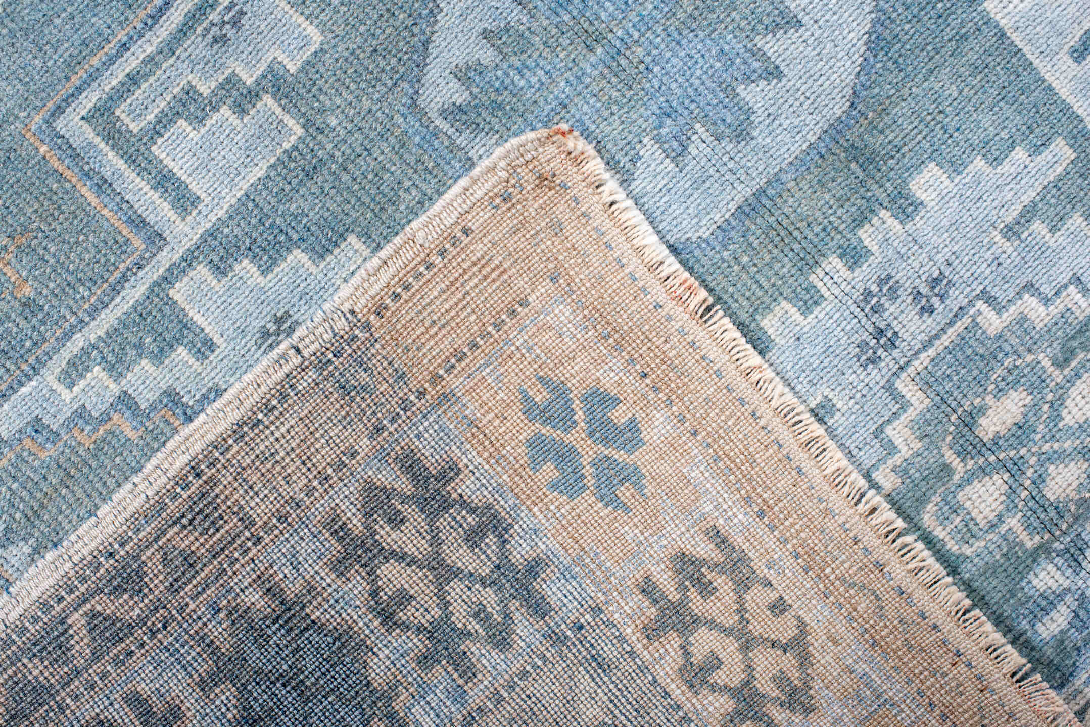 3' x 6' one-of-a-kind handmade vintage Anatol small size rug. Color palette: blue, gainsboro, gray, light blue, light gray