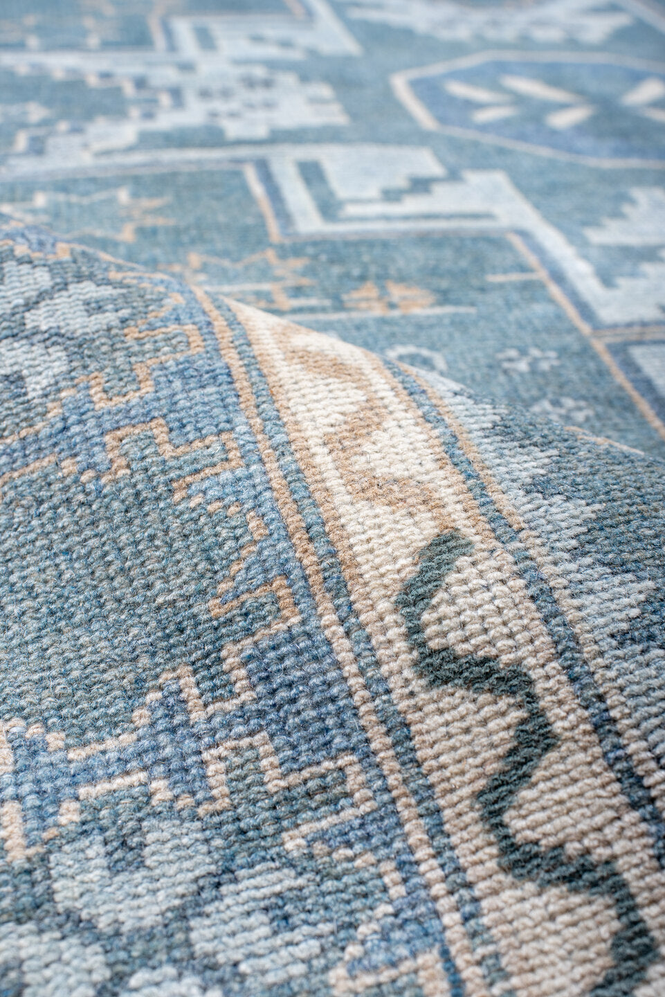 3' x 6' one-of-a-kind handmade vintage Anatol small size rug. Color palette: blue, gainsboro, gray, light blue, light gray