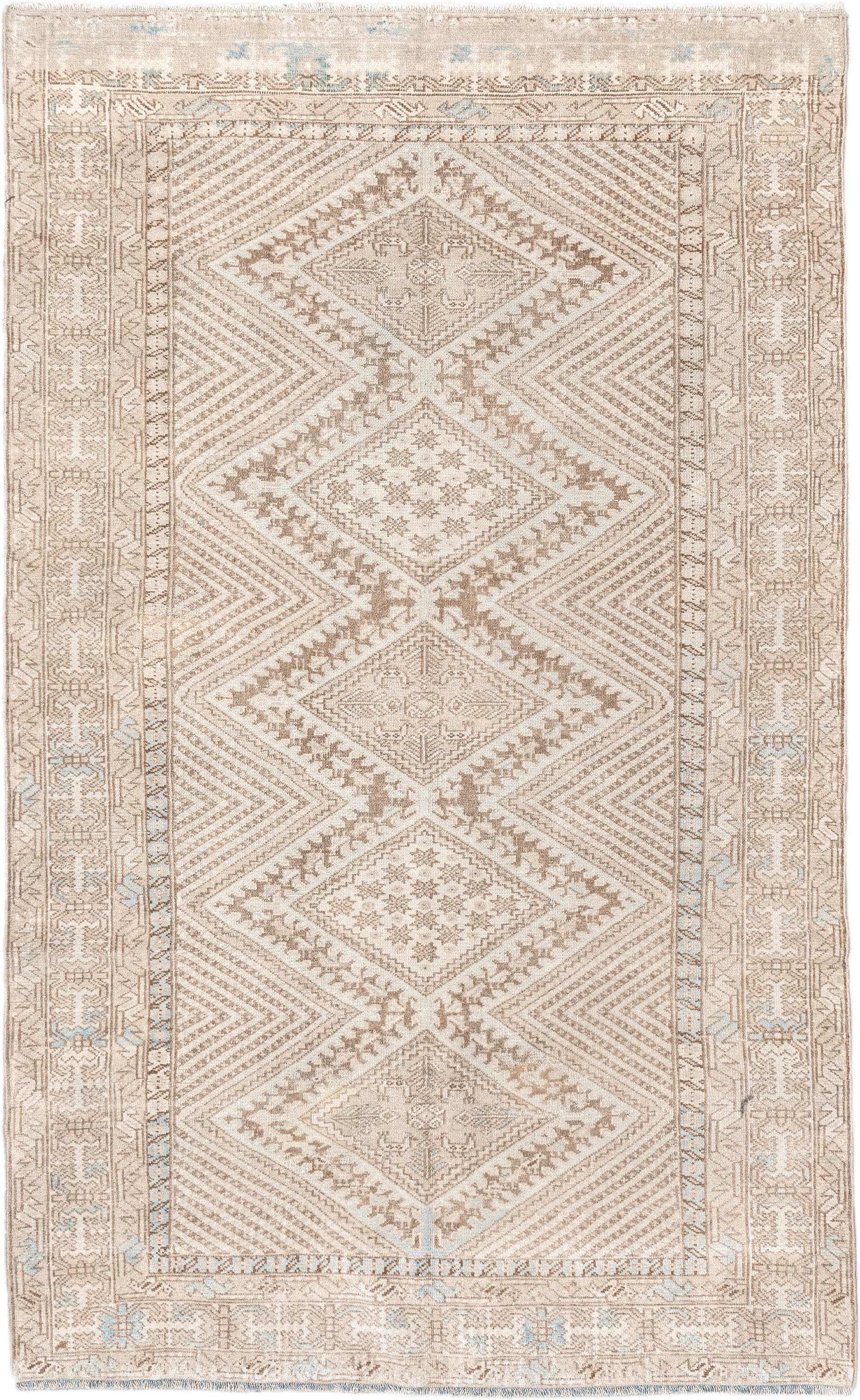 3' x 5' one-of-a-kind handmade vintage Shiraz small size rug. Color palette: ivory, beige, taupe, camel, pale blue, gray