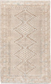 3' x 5' one-of-a-kind handmade vintage Shiraz small size rug. Color palette: ivory, beige, taupe, camel, pale blue, gray
