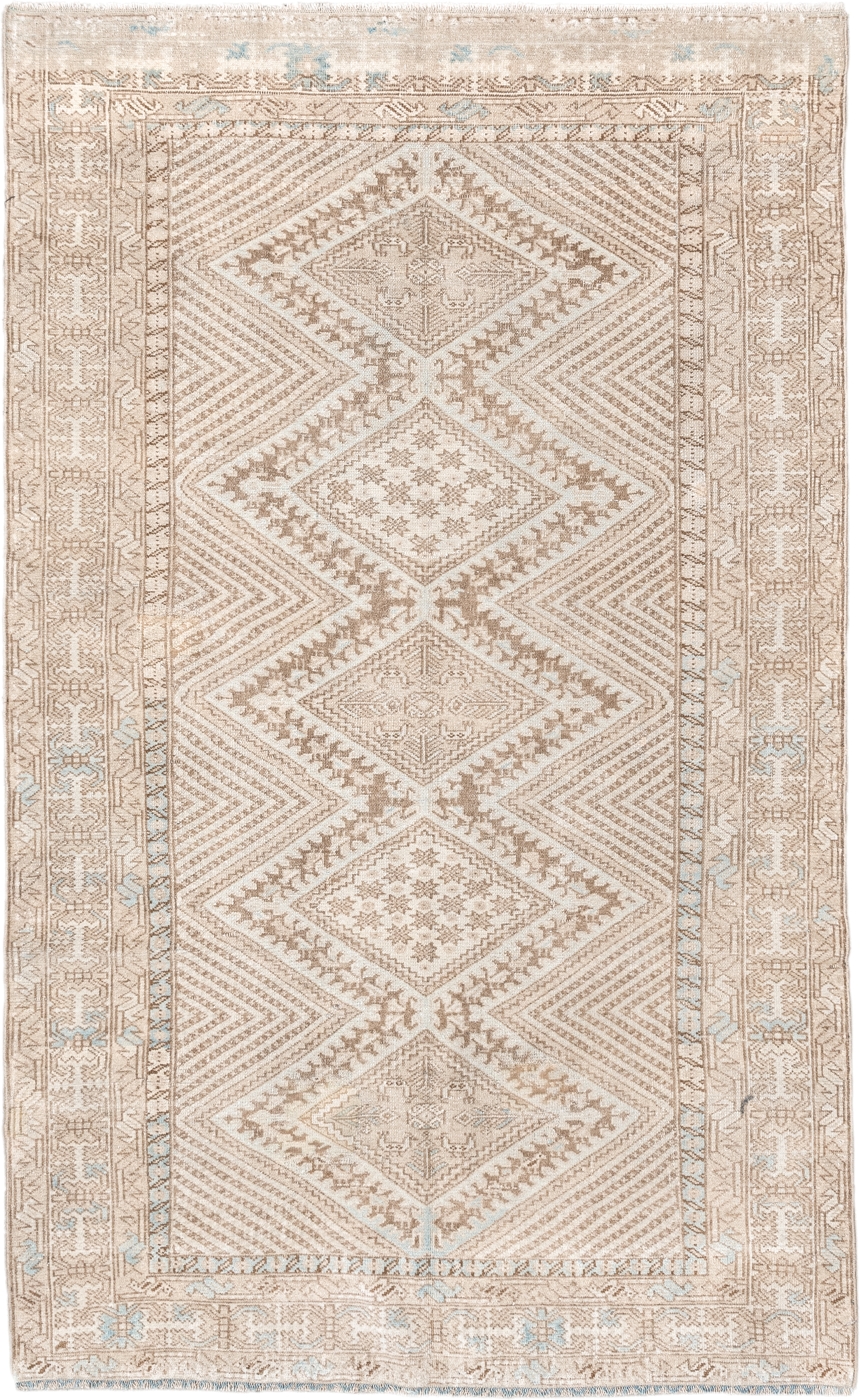 3' x 5' one-of-a-kind handmade vintage Shiraz small size rug. Color palette: ivory, beige, taupe, camel, pale blue, gray