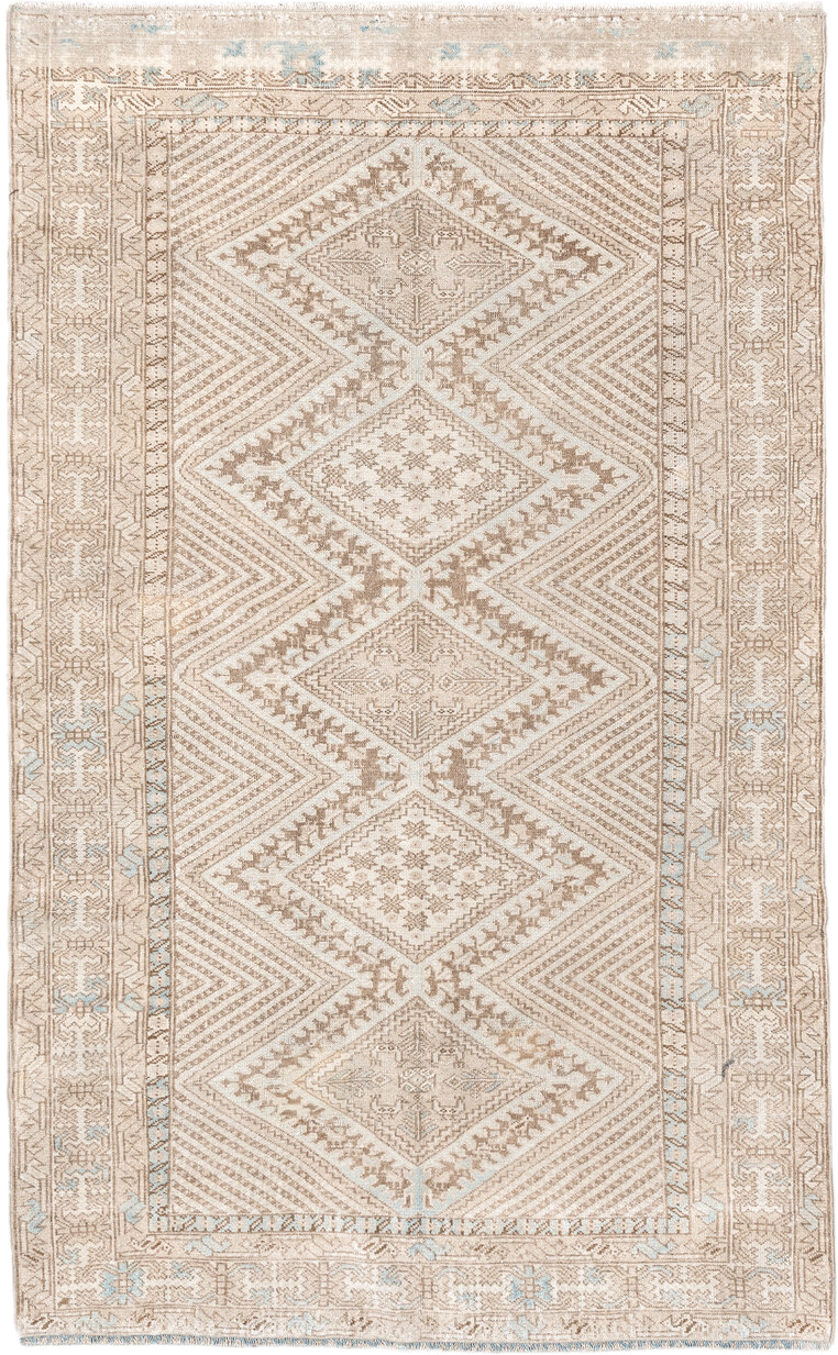 3' x 5' one-of-a-kind handmade vintage Shiraz small size rug. Color palette: ivory, beige, taupe, camel, pale blue, gray