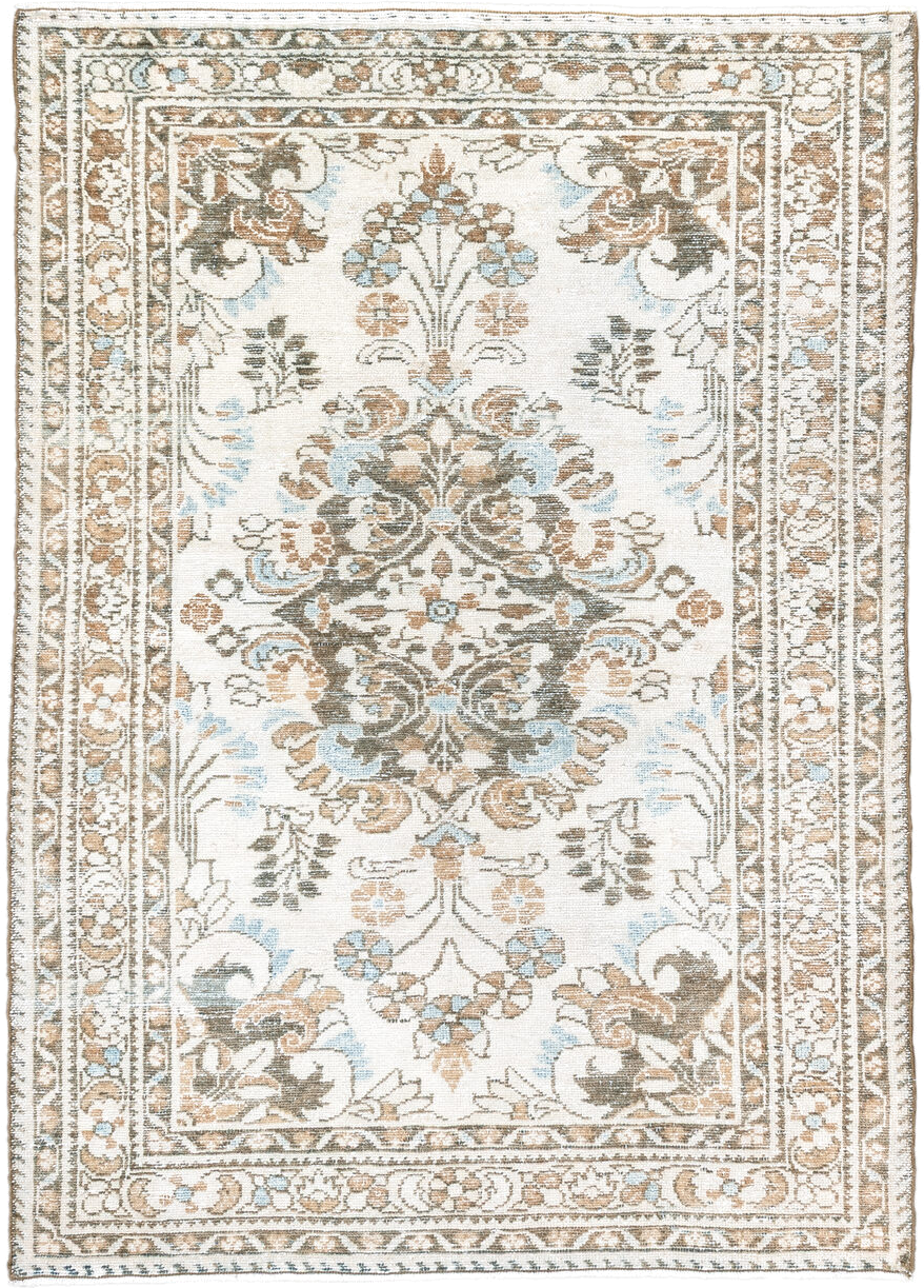 3' x 5' one-of-a-kind handmade antique Lilian small size rug. Color palette: ivory, taupe, camel, pale_blue, brown, sage