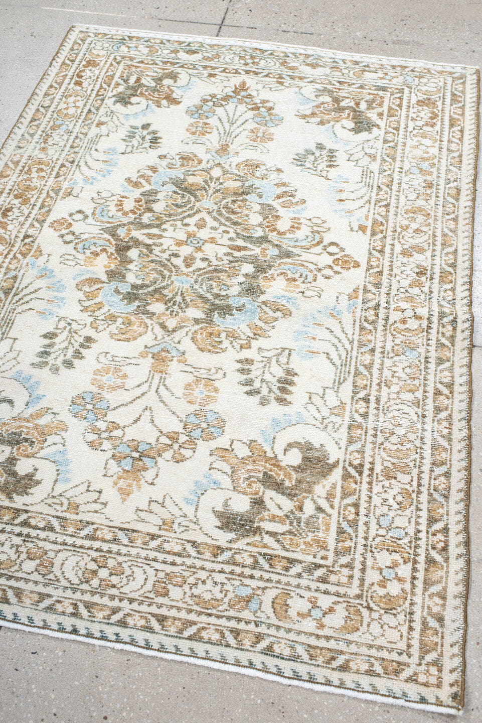 3' x 5' one-of-a-kind handmade antique Lilian small size rug. Color palette: ivory, taupe, camel, pale_blue, brown, sage