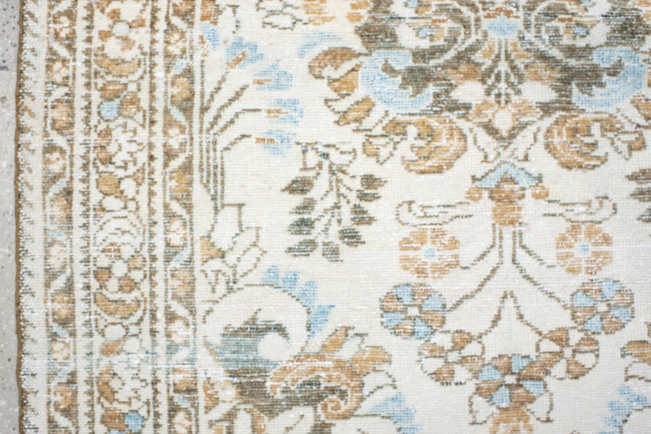 3' x 5' one-of-a-kind handmade antique Lilian small size rug. Color palette: ivory, taupe, camel, pale_blue, brown, sage