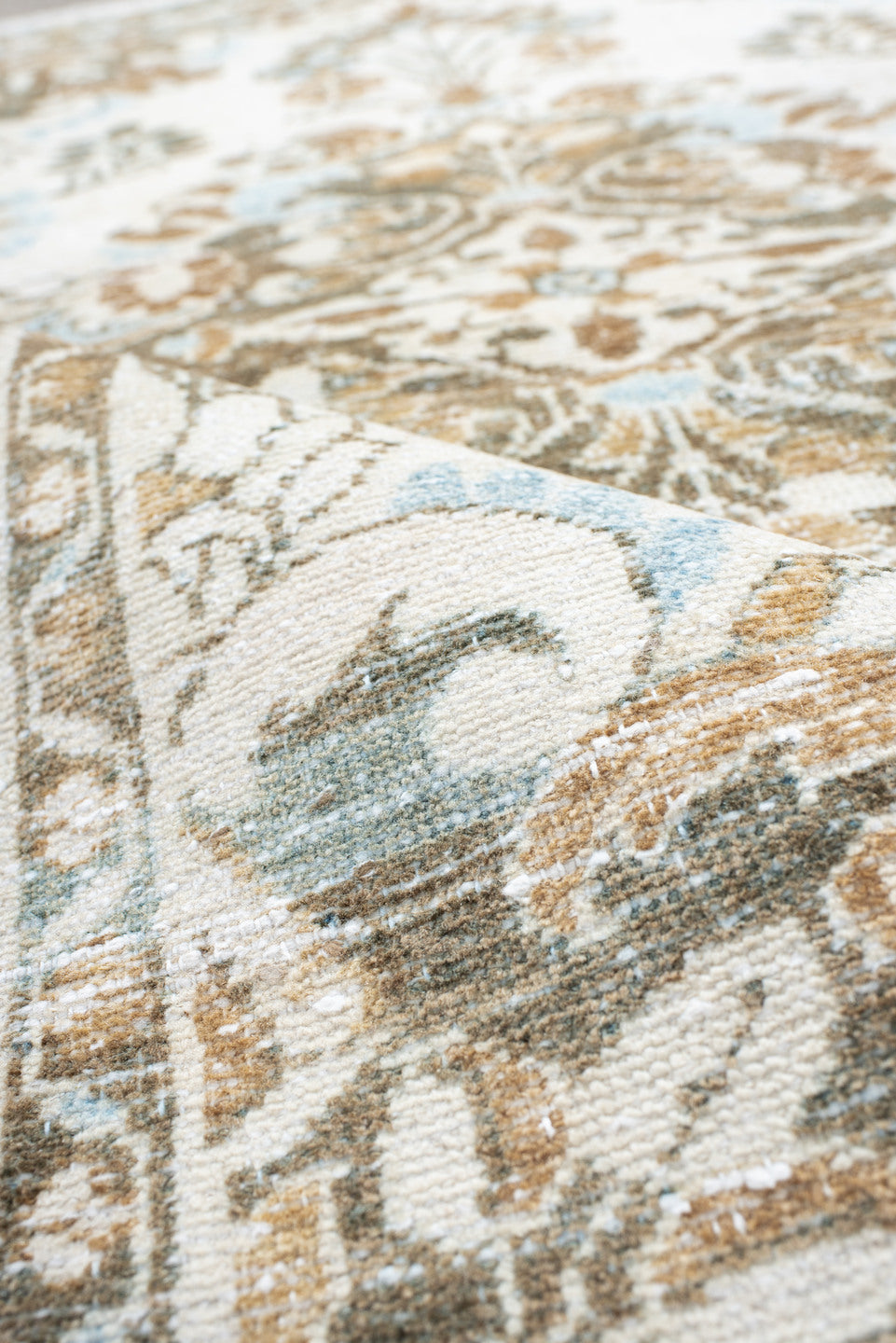 3' x 5' one-of-a-kind handmade antique Lilian small size rug. Color palette: ivory, taupe, camel, pale_blue, brown, sage