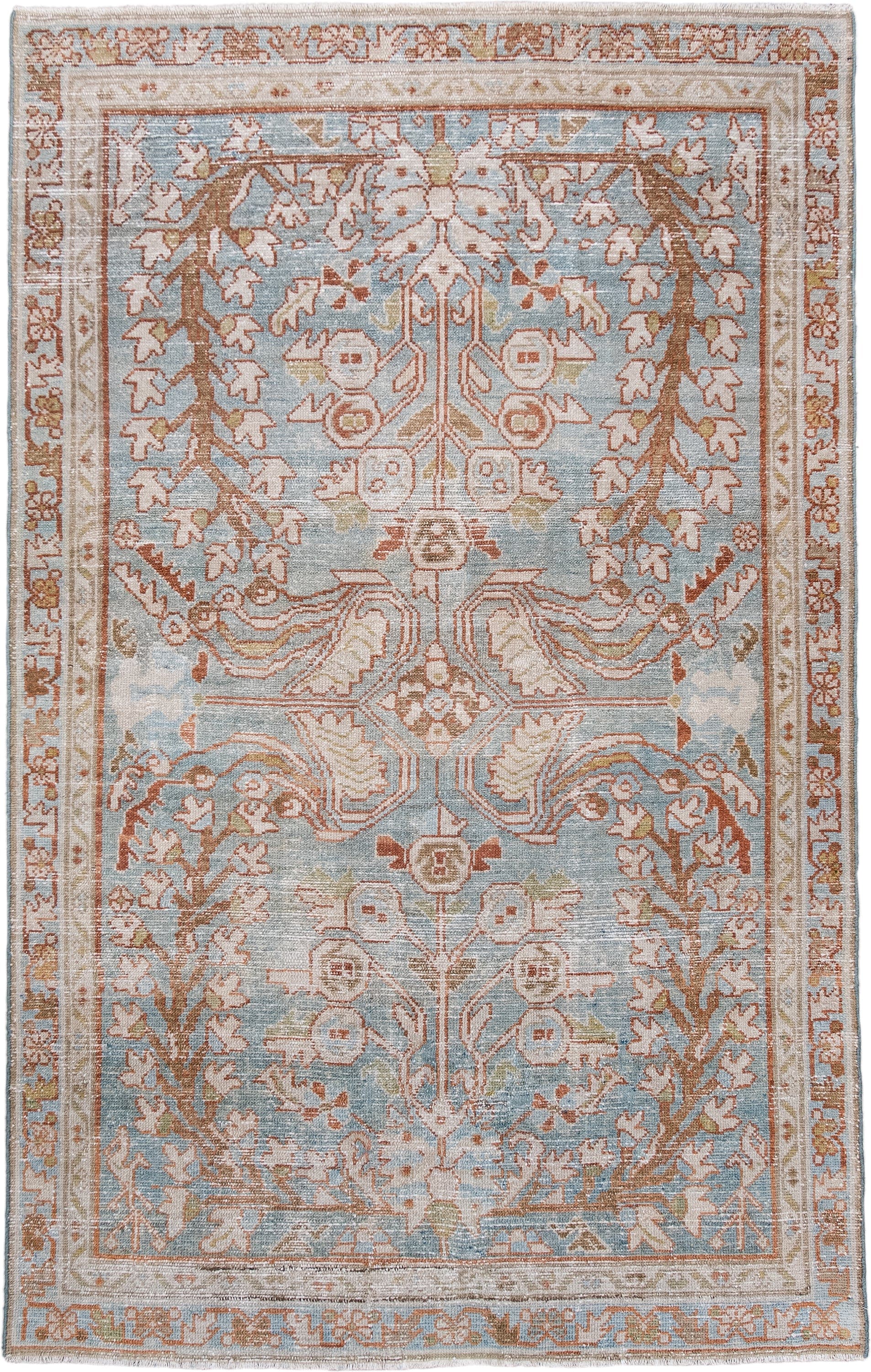 4' x 6' one-of-a-kind handmade antique Lilian small size rug. Color palette: light blue, ivory, rust, taupe, pale gold, sage
