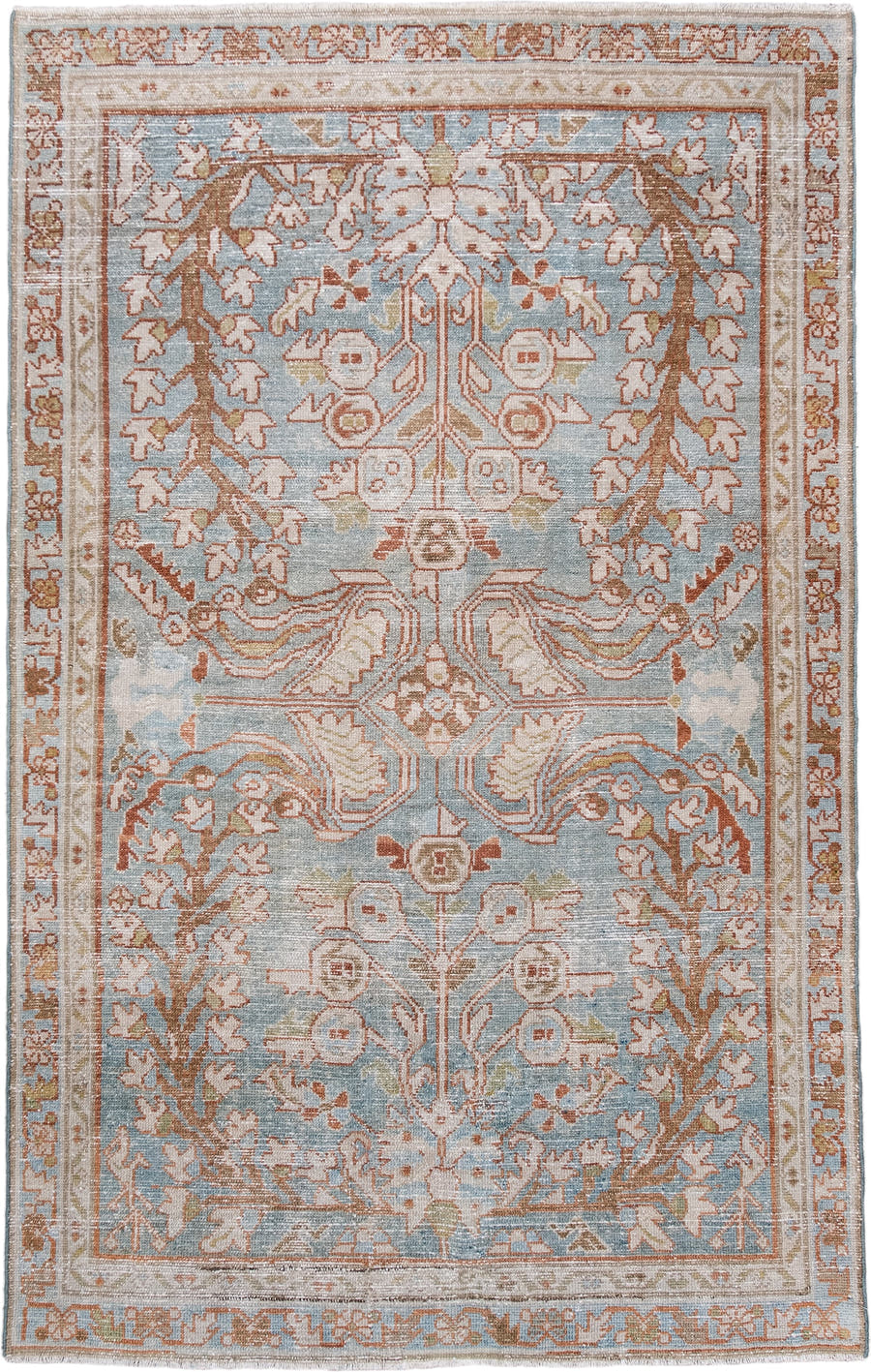 4' x 6' one-of-a-kind handmade antique Lilian small size rug. Color palette: light blue, ivory, rust, taupe, pale gold, sage