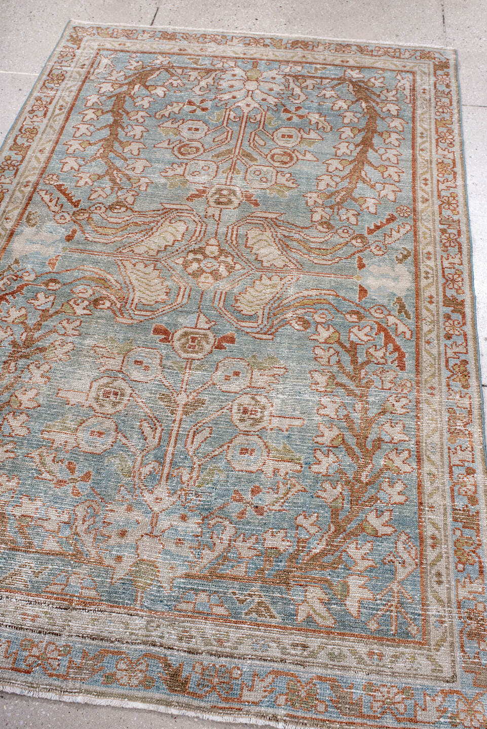 4' x 6' one-of-a-kind handmade antique Lilian small size rug. Color palette: light blue, ivory, rust, taupe, pale gold, sage